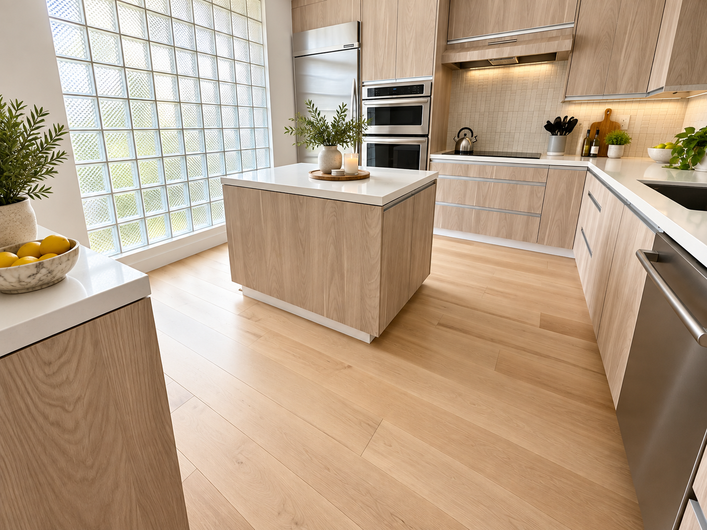 Modern kitchen with light wood cabinets and white countertops, a kitchen island, stainless steel appliances, and decorative plants.