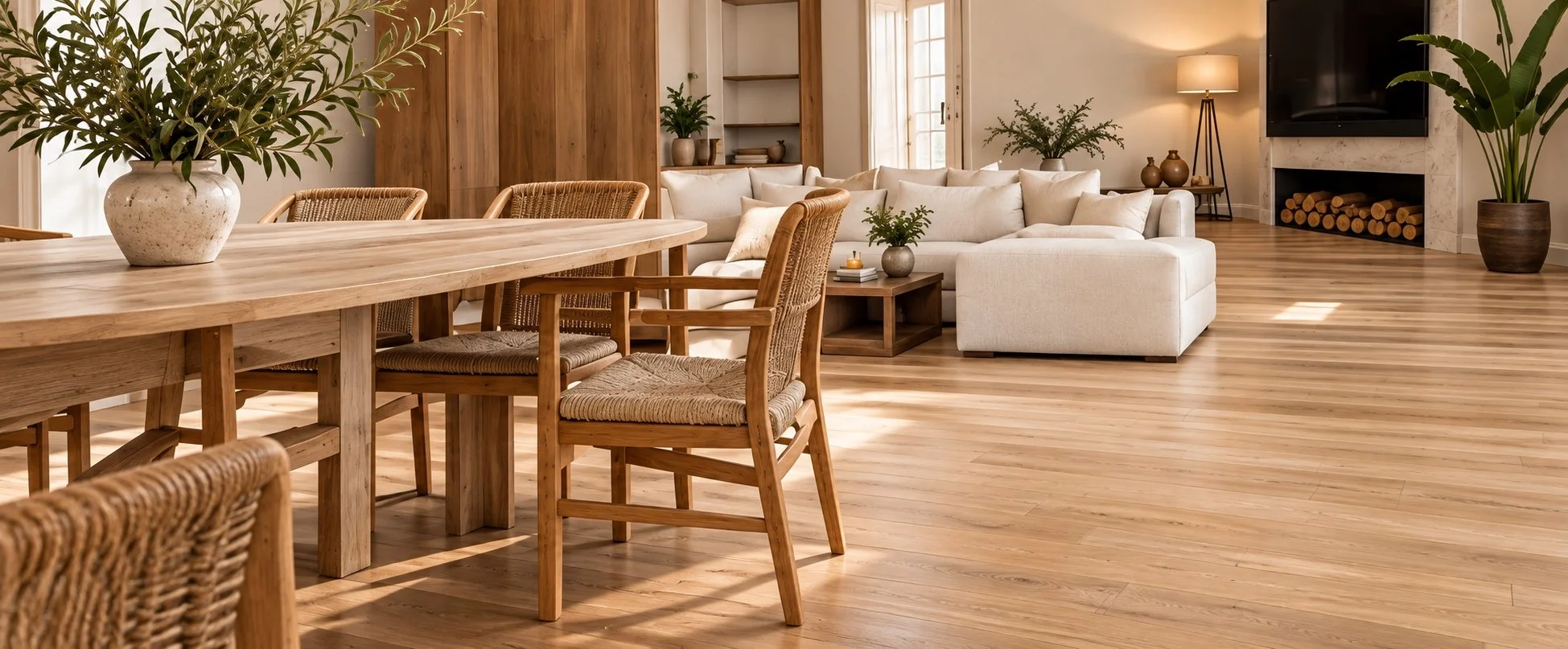Spacious living room with wooden flooring, a large cream sofa with pillows, a wooden dining table with chairs, indoor plants, a TV mounted on a fireplace, and abundant natural light from windows and doors.