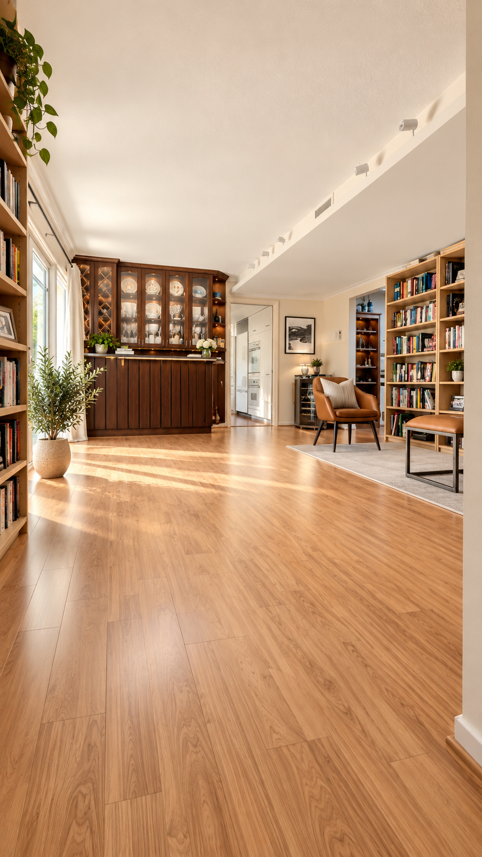 Bright living room with wooden floors, tall bookshelves filled with books, a cozy armchair, and a display cabinet with dishes and decorative items. Sunlight streams through large windows with white curtains, and a large potted plant adds greenery to the space.