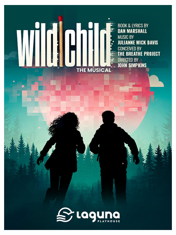 Silhouettes of a girl and boy running through a forest under a large pixelated pink moon.