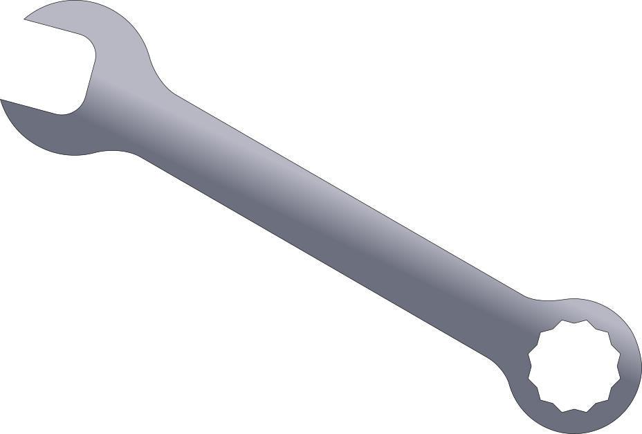 A metal wrench with an open-end on one side and a ring shape on the other side.
