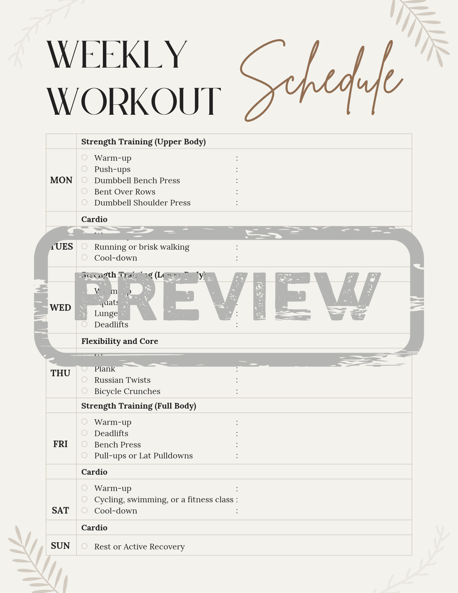 Workout Weekly Schedule Planner