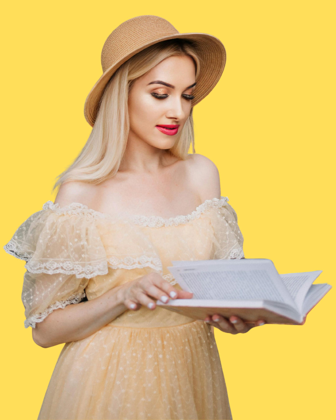 A woman with long blonde hair wearing a straw hat and a beige, off-shoulder dress with lace details, looking at an open book against a yellow background.