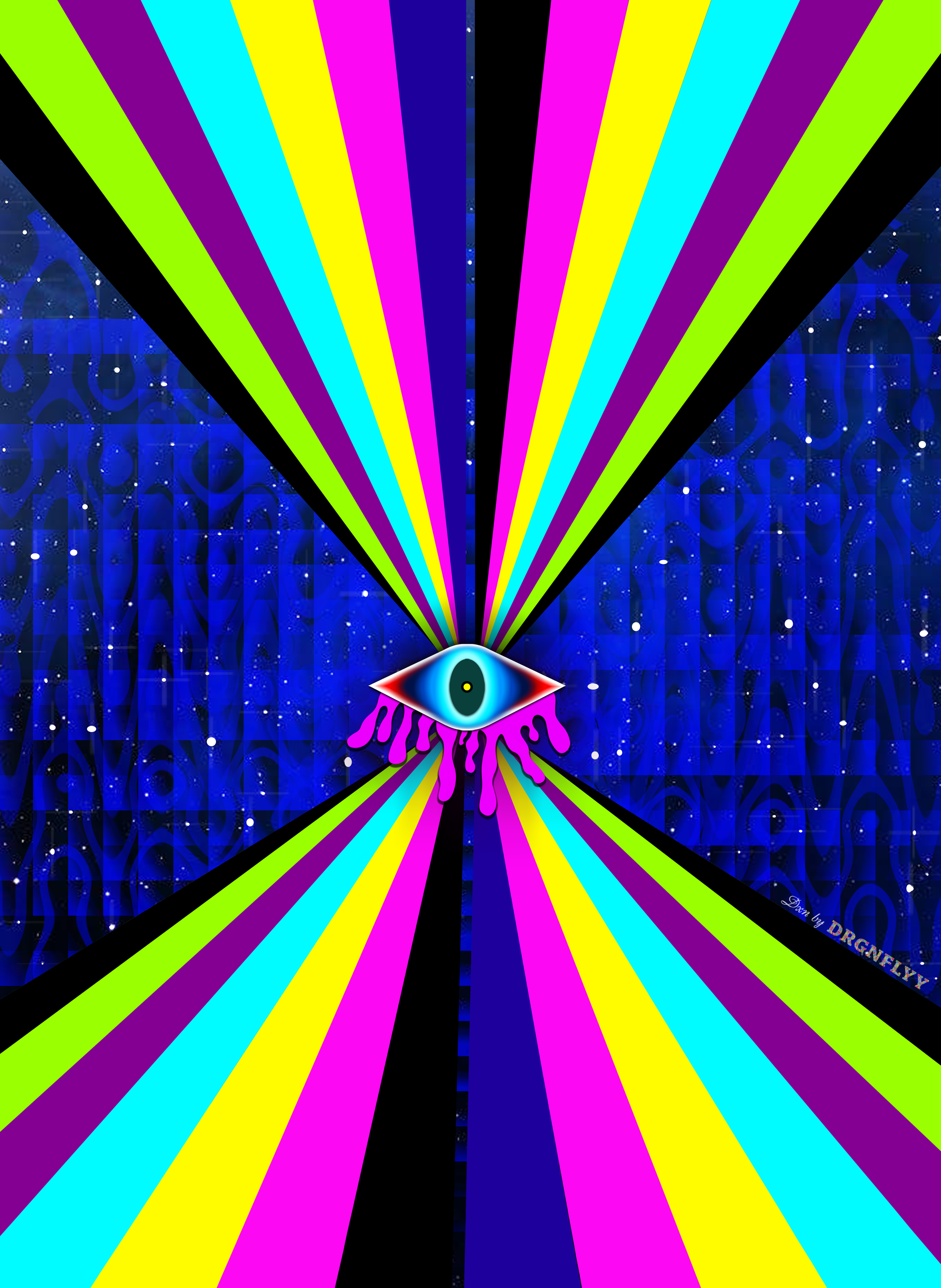 An eye with rainbow-colored rays emanating from it, set against a dark blue starry background.