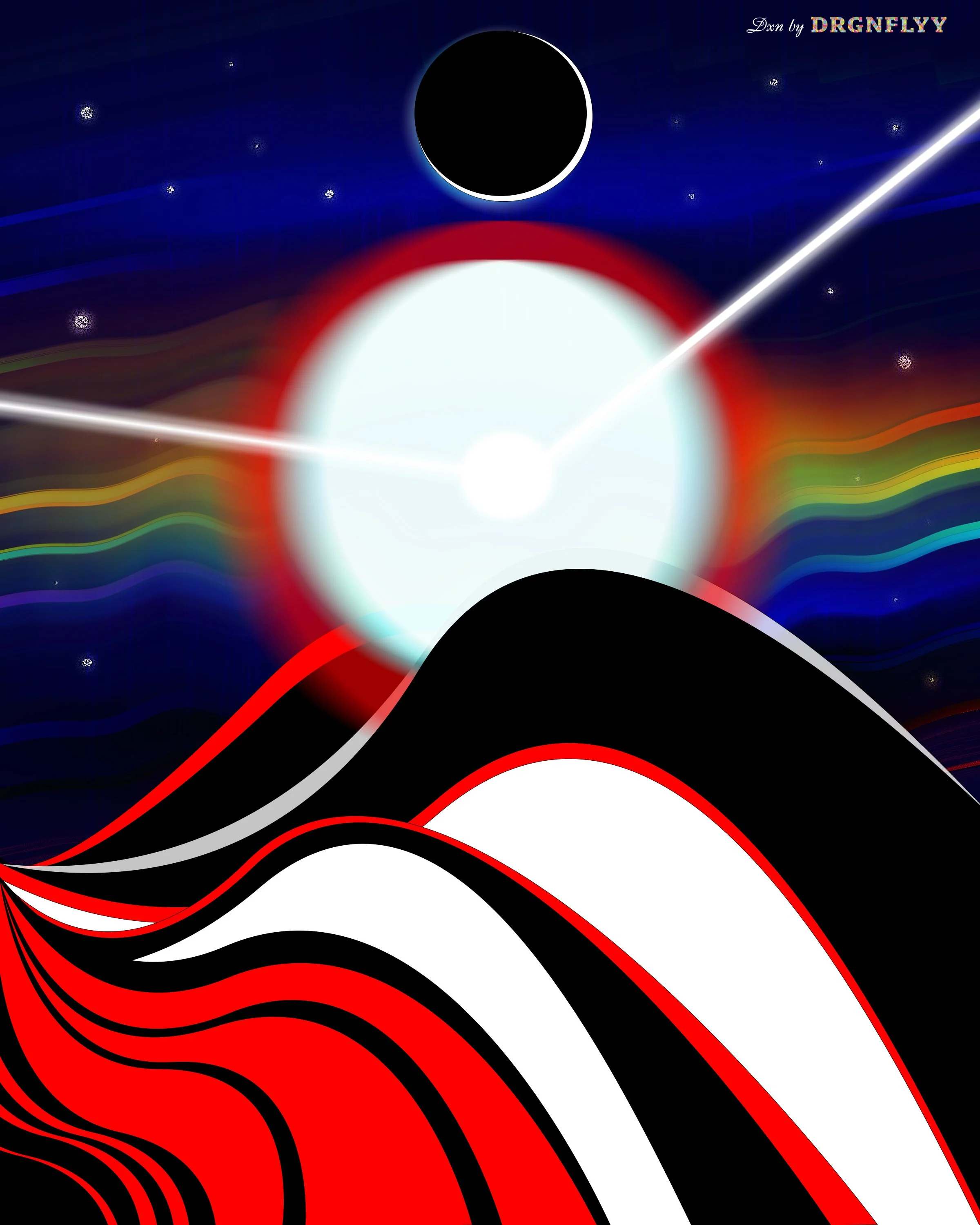 Digital artwork featuring a stylized solar eclipse with a black moon against a starry night sky, a bright white sun partially obscured by red, black, and white swirling lines, and rainbow-colored ripples at the bottom.