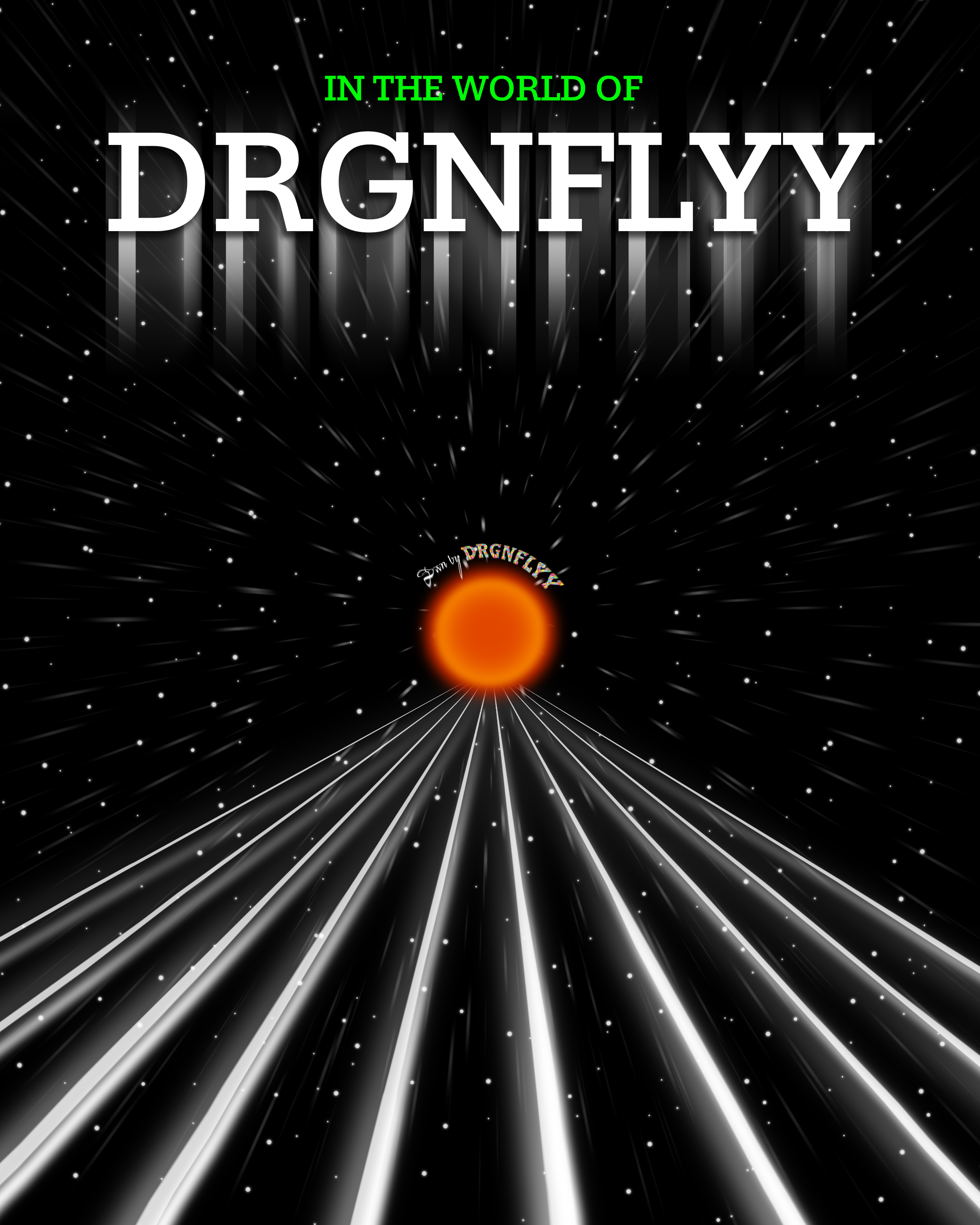 A cosmic scene with a black background, white stars, and streaks of light radiating outwards. The text 'In the world of DRGNELY' is written across the top in green and white letters. At the bottom, there is a small, colorful logo and an orange glowing sphere.