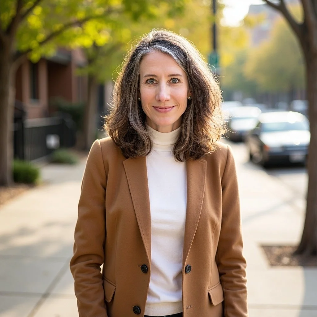 A woman with shoulder-length brown hair, wearing a tan blazer and a white turtleneck, standing on a sidewalk in a tree-lined street during daytime.
