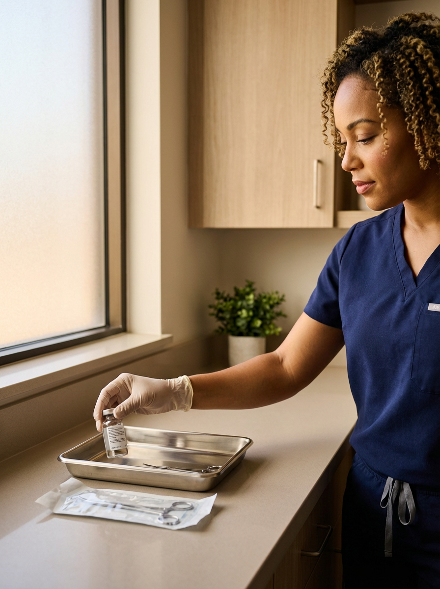 A healthcare worker in navy scrubs and gloves preparing a vaccine from a small vial on a metal tray in a clinical setting near a window.