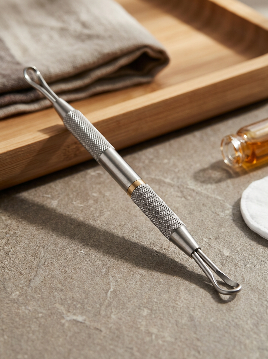A metal dermaplaning tool on a textured surface, a beige towel on a wooden tray, a small bottle of brown liquid, and a white facial pad.
