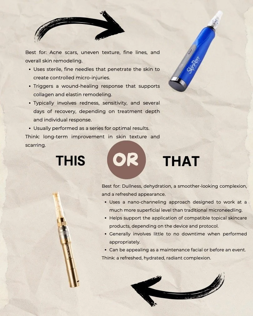 SkinPen vs. Nano Channeling: which is right for you? ✨
Both treatments support your skin&rsquo;s natural renewal, but they work differently.
SkinPen (microneedling): Fine needles create controlled micro-channels that signal your skin to produce fresh
