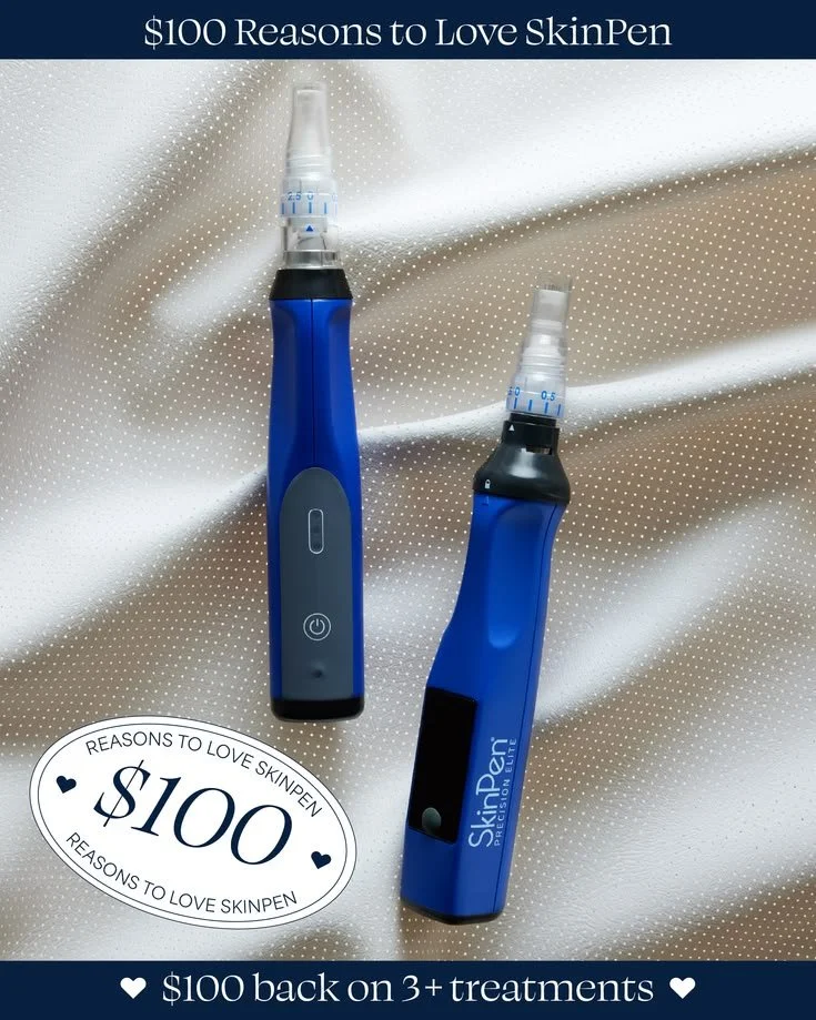 Two electric skincare devices on a satin fabric background with a promotional tag for SkinPen, offering a $100 discount on three or more treatments.