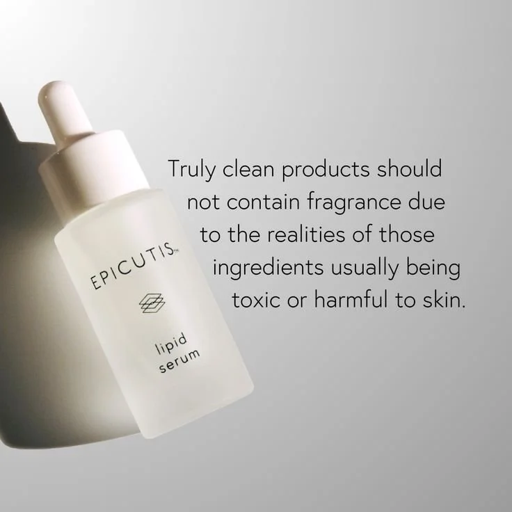 A white bottle of Epi/Cutis lipid serum with a dropper cap, shown next to a quote about the importance of fragrance-free skincare products.