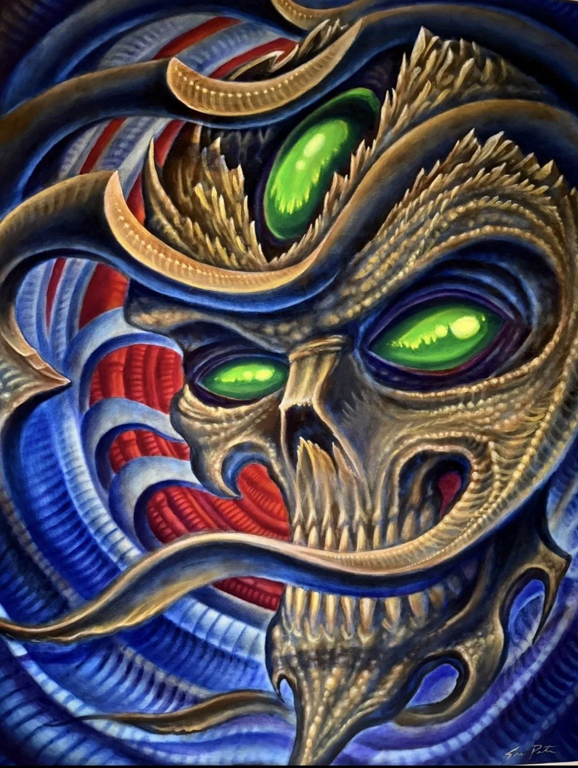 A surreal, abstract painting of a skull with vibrant green glowing eyes, surrounded by swirling, ribbon-like shapes in red, blue, and beige, creating a dark, otherworldly atmosphere.
