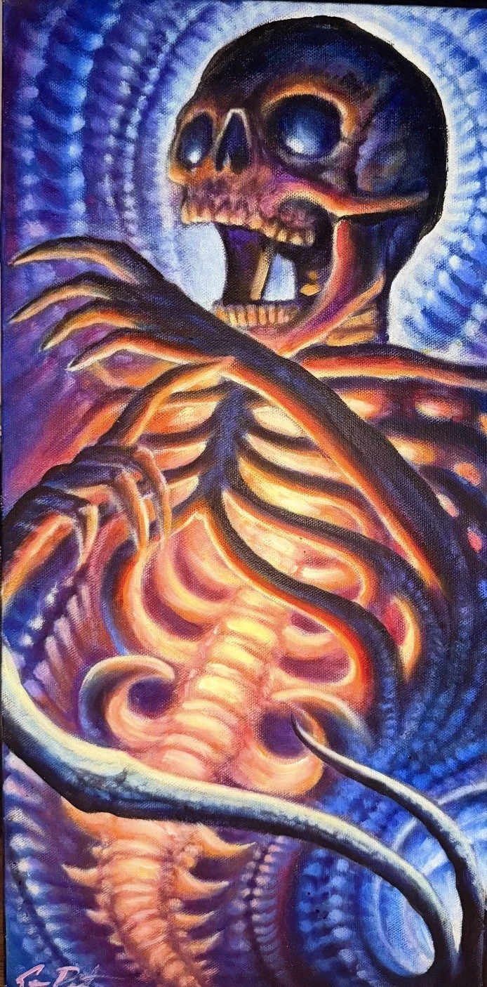 A colorful painting of a human skeleton with a skull, surrounded by vibrant swirling patterns in shades of blue, purple, orange, and yellow.