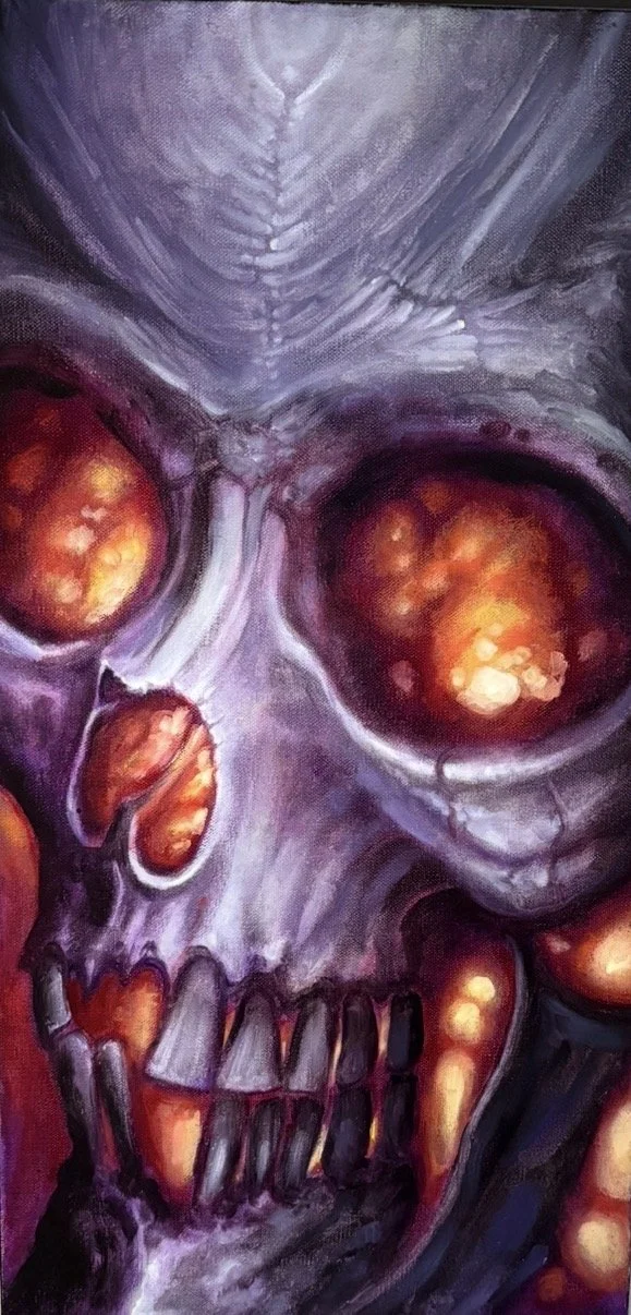 A painting of a skull with fiery orange eyes and teeth, rendered in dark purple and red hues.