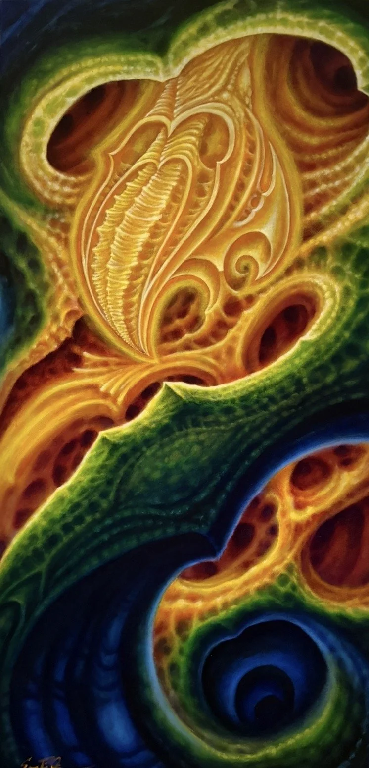 Close-up of an intricate, colorful abstract painting with swirling patterns in yellow, orange, green, and blue.