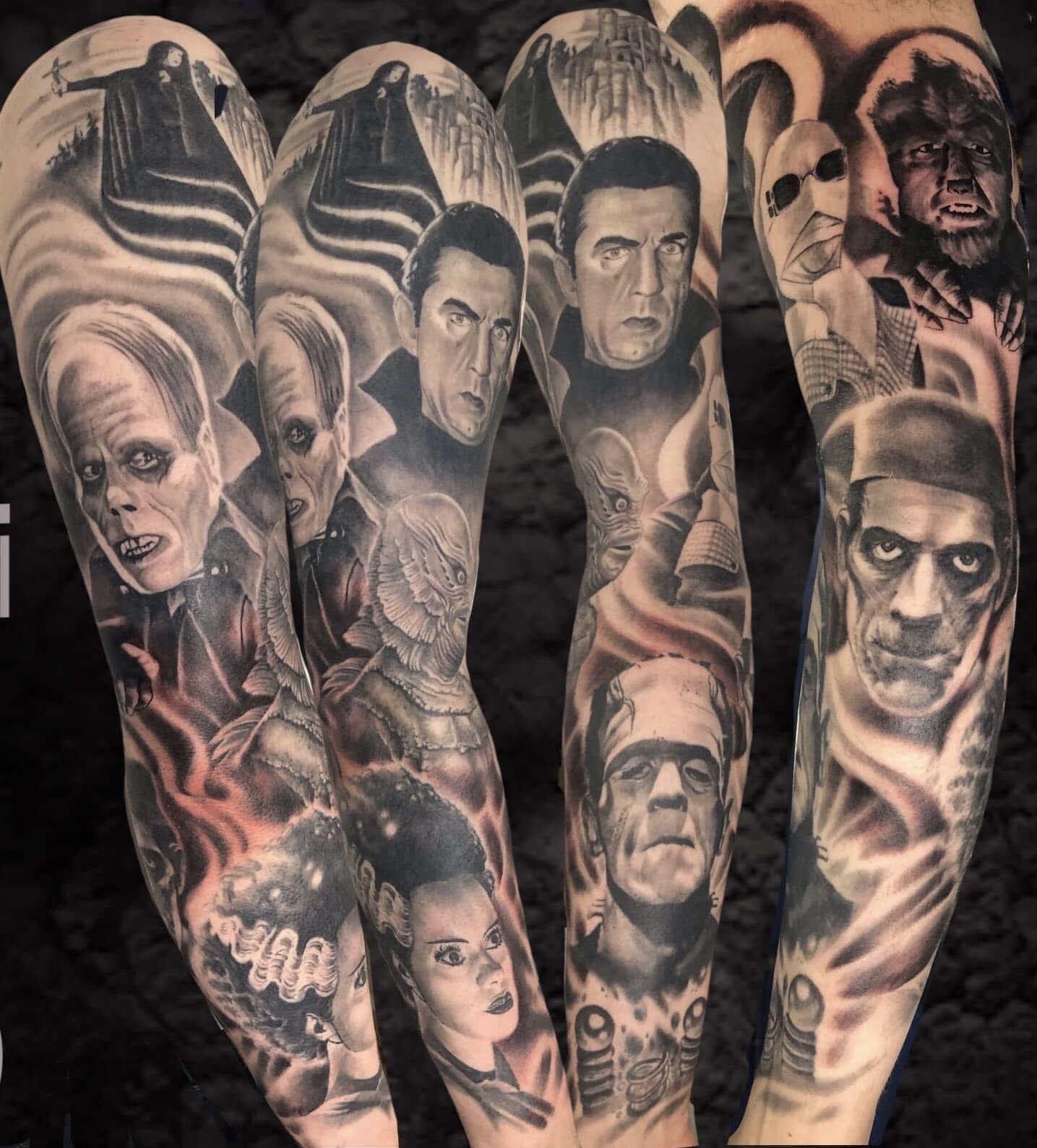 Black and gray tattoos of various characters from horror movies and pop culture on three people's arms, including Frankenstein's monster, Frankenstein's bride, a woman with painted face, and other horror-inspired figures.