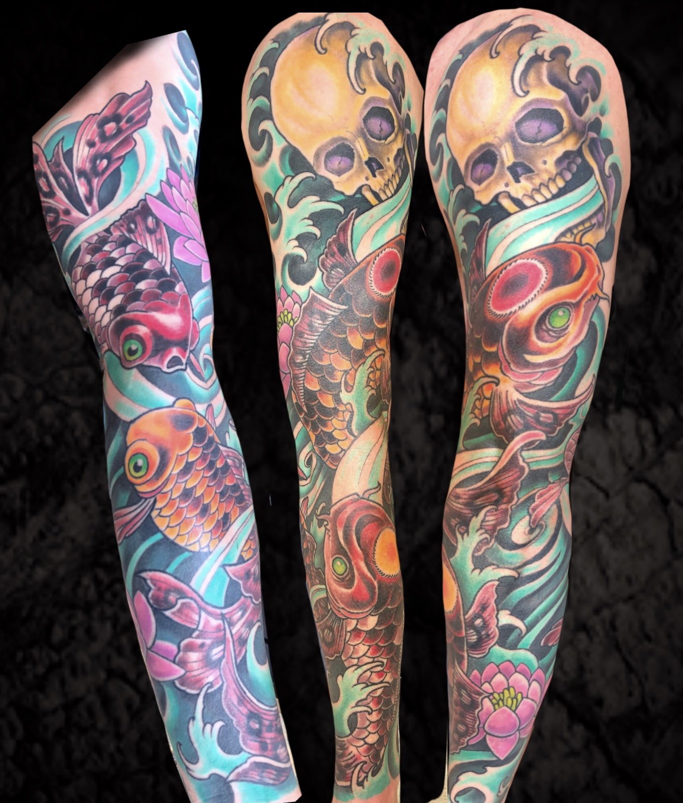 Colorful tattoo sleeves featuring koi fish, skulls, and floral designs on arms.