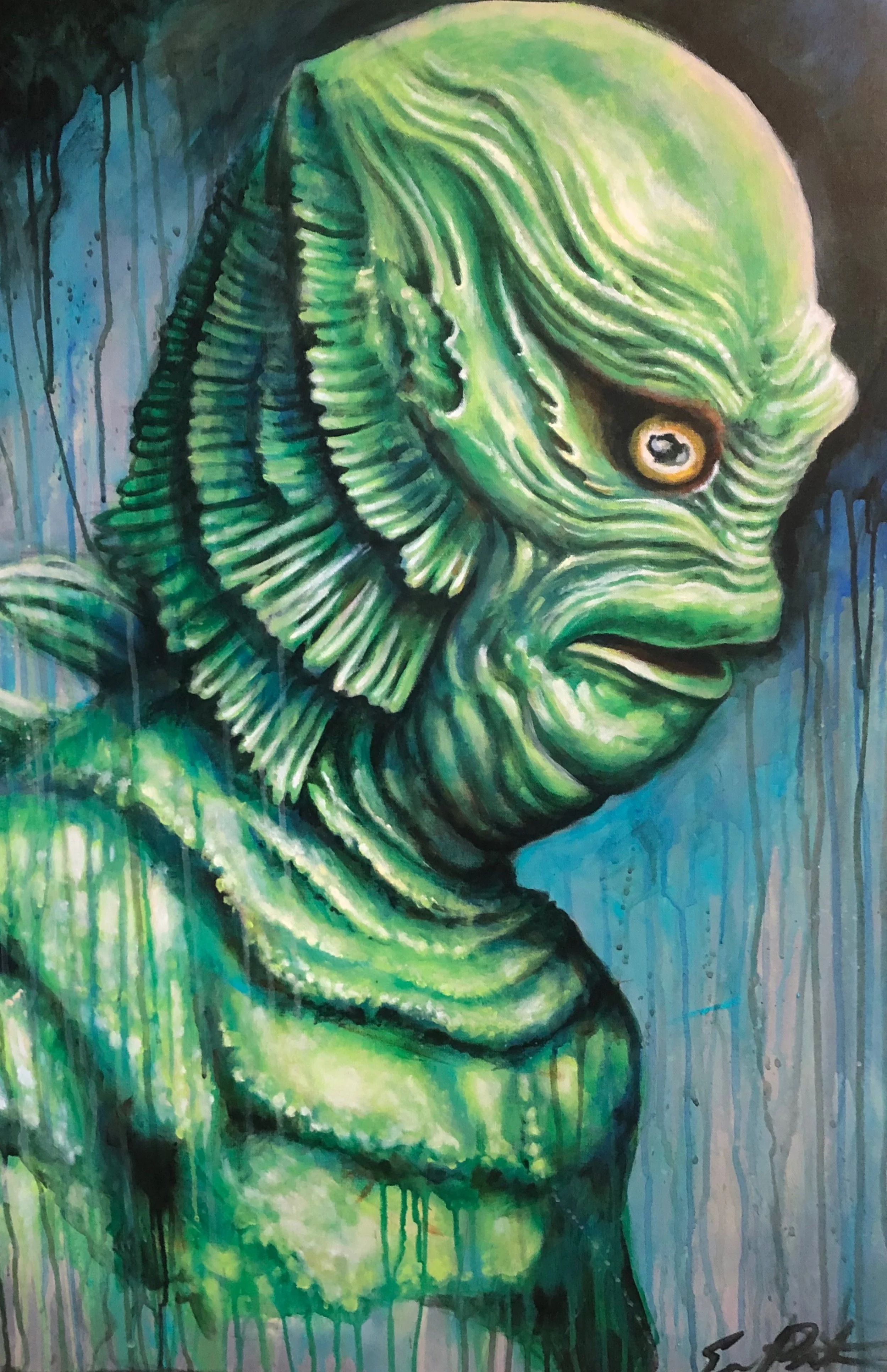 A surreal painting of a green, chameleon-like creature with a large eye and textured, layered skin, rendered with dripping paint effects.