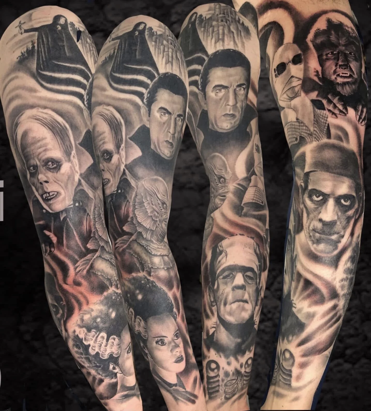 Tattooed arms featuring portraits of famous horror and science fiction characters, including Frankenstein's monster, a vampire, the Creature from the Black Lagoon, and alien figures, rendered in black and gray realism.