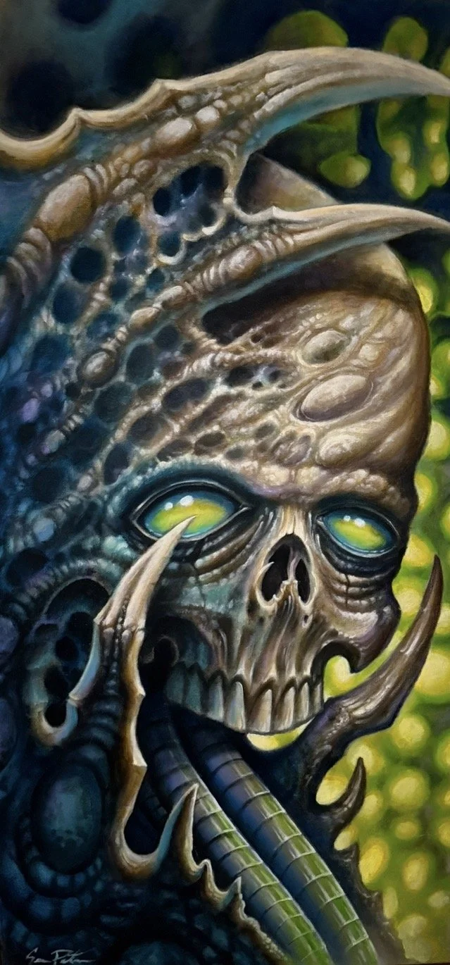A detailed surreal painting of a skull with glowing yellow eyes, surrounded by textured organic shapes, horns, and serpent-like elements, with a green and yellow background.