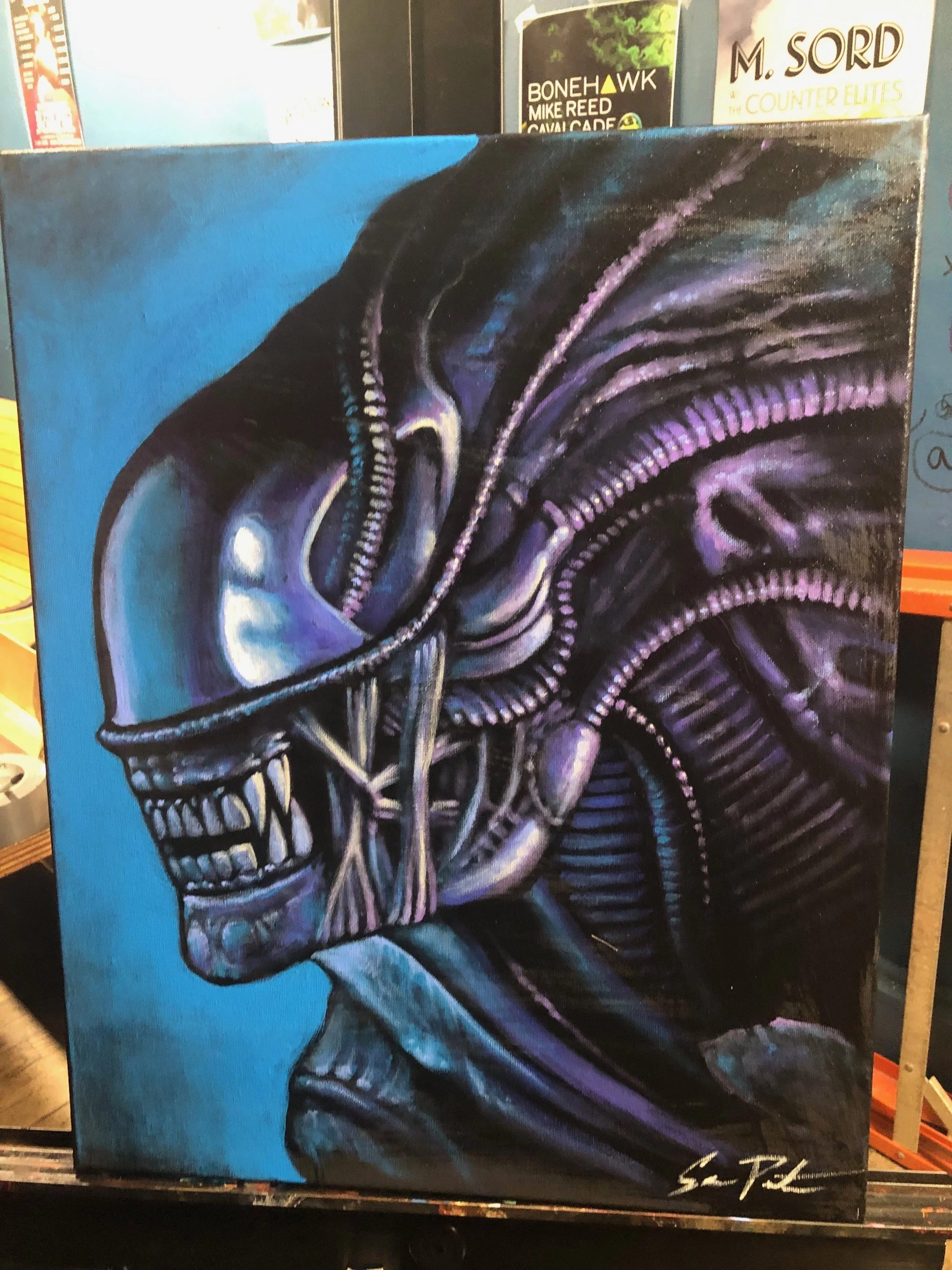 A painting of a menacing, futuristic creature with an armored skull and glowing purple accents, against a blue background.