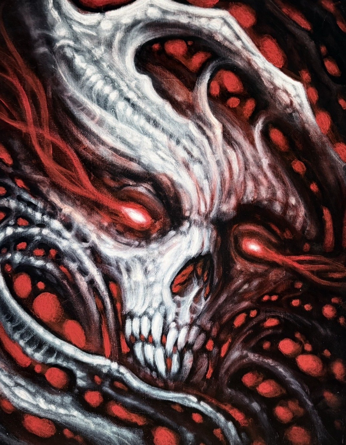 A dark painting of a dragon skull with glowing red eyes, surrounded by swirling dark and red patterns.