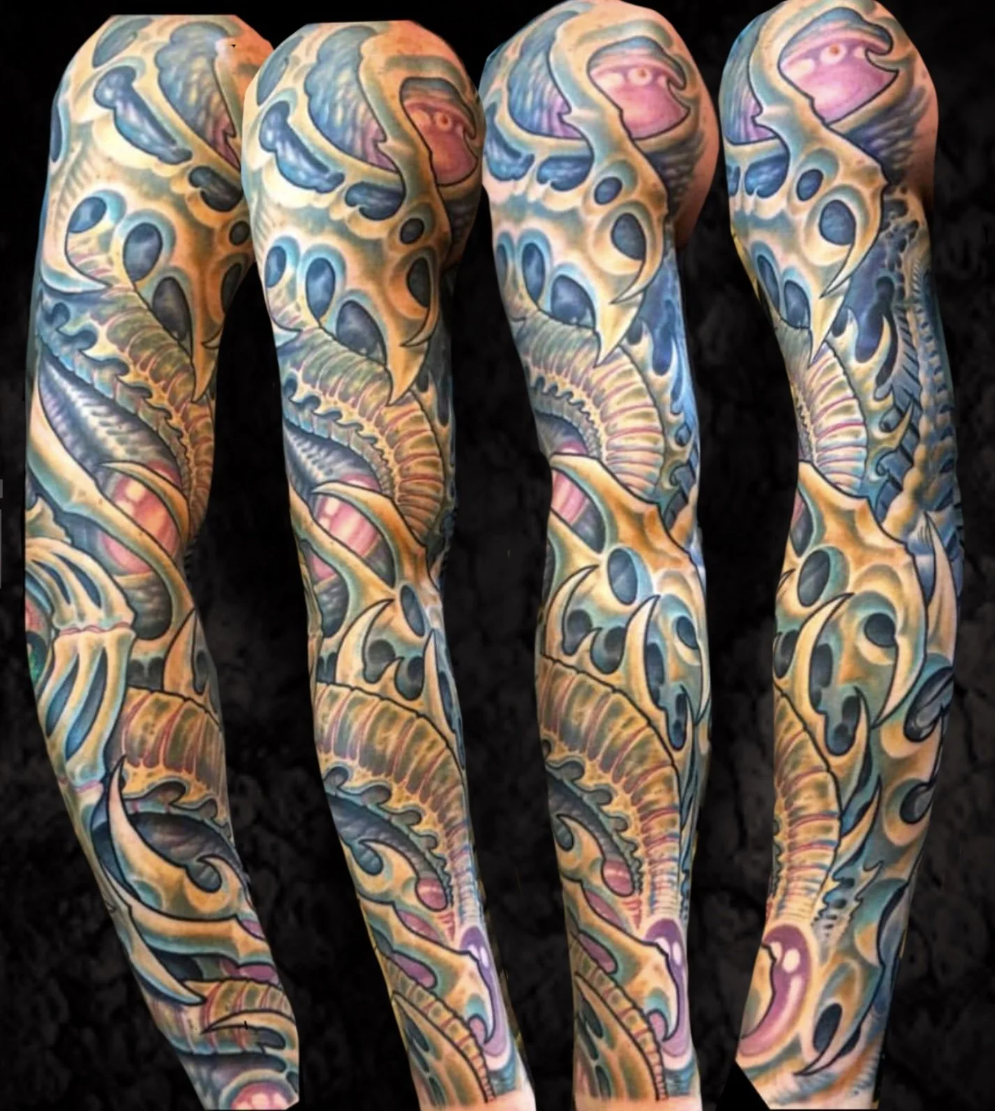 Close-up of four tattooed legs featuring colorful, detailed artwork of swirling abstract patterns in blue, yellow, pink, and black.