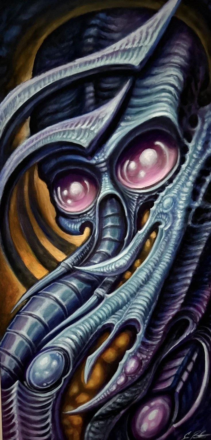 Futuristic skull with mechanical and organic elements, large pink eyes, and intricate metallic details.