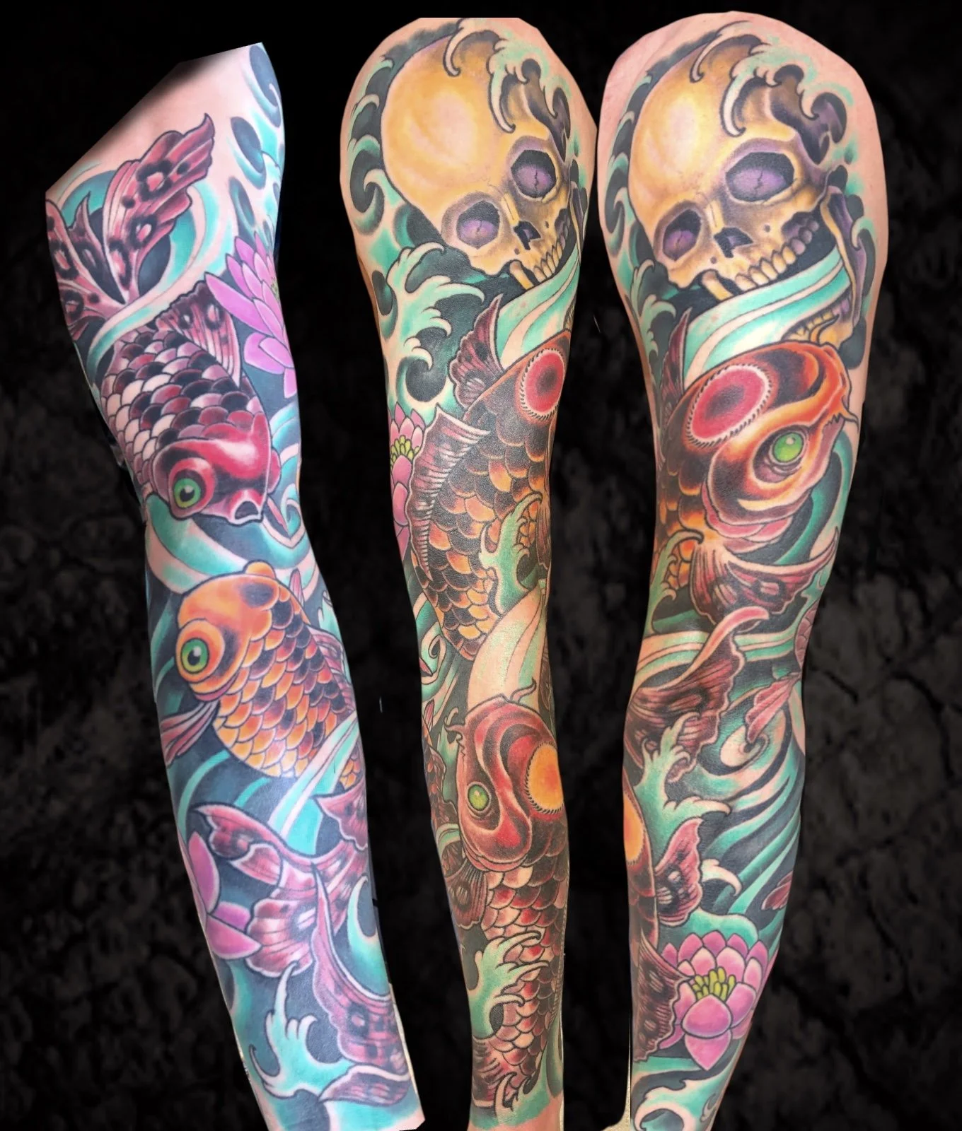 Colorful tattoo sleeves featuring koi fish, skulls, flowers, and waves.