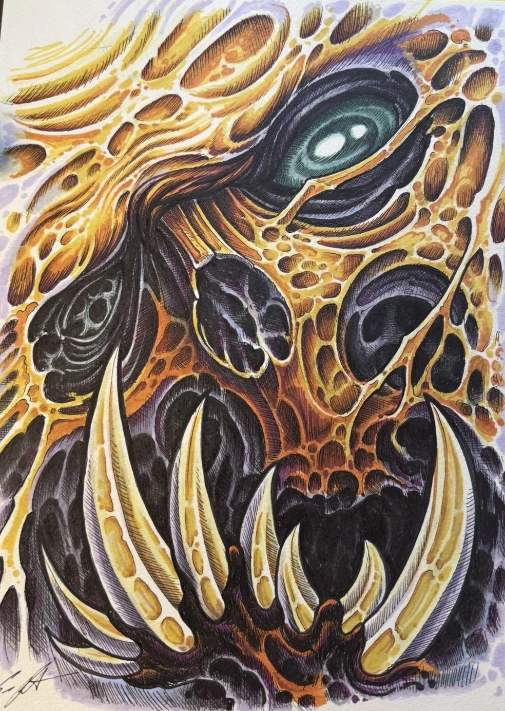 An artistic depiction of a dragon's face with sharp claws, vivid orange, yellow, and black scales, and intense eyes.