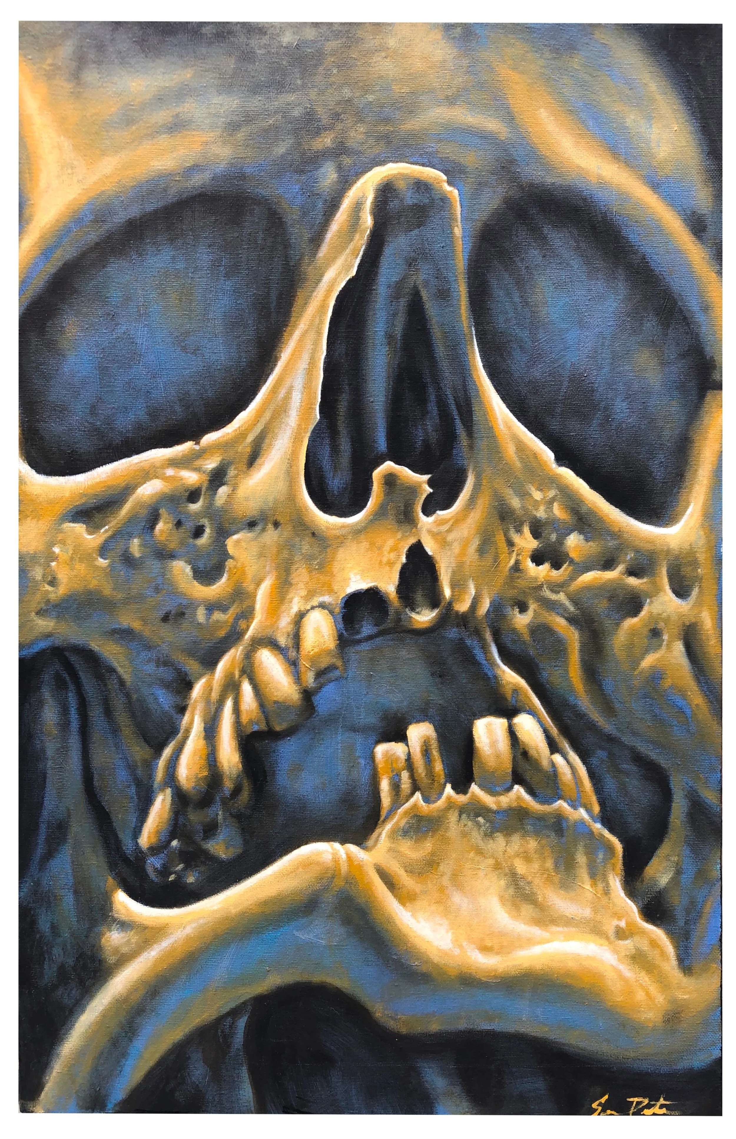 A painting of a skull being held in hands, with the top of the skull facing forward and the hands clasped below it. The artwork uses shades of black, gold, and blue, emphasizing the skull's features and the hands' details.