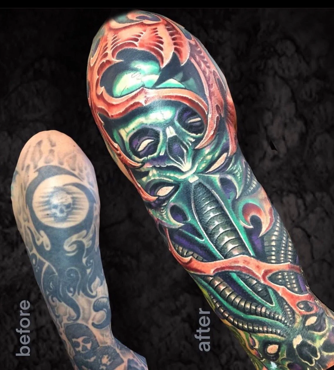 Comparison of two tattooed arms, "before" in black-and-white with skull and tentacle design, "after" in colorful, vivid skull and snake tattoo.