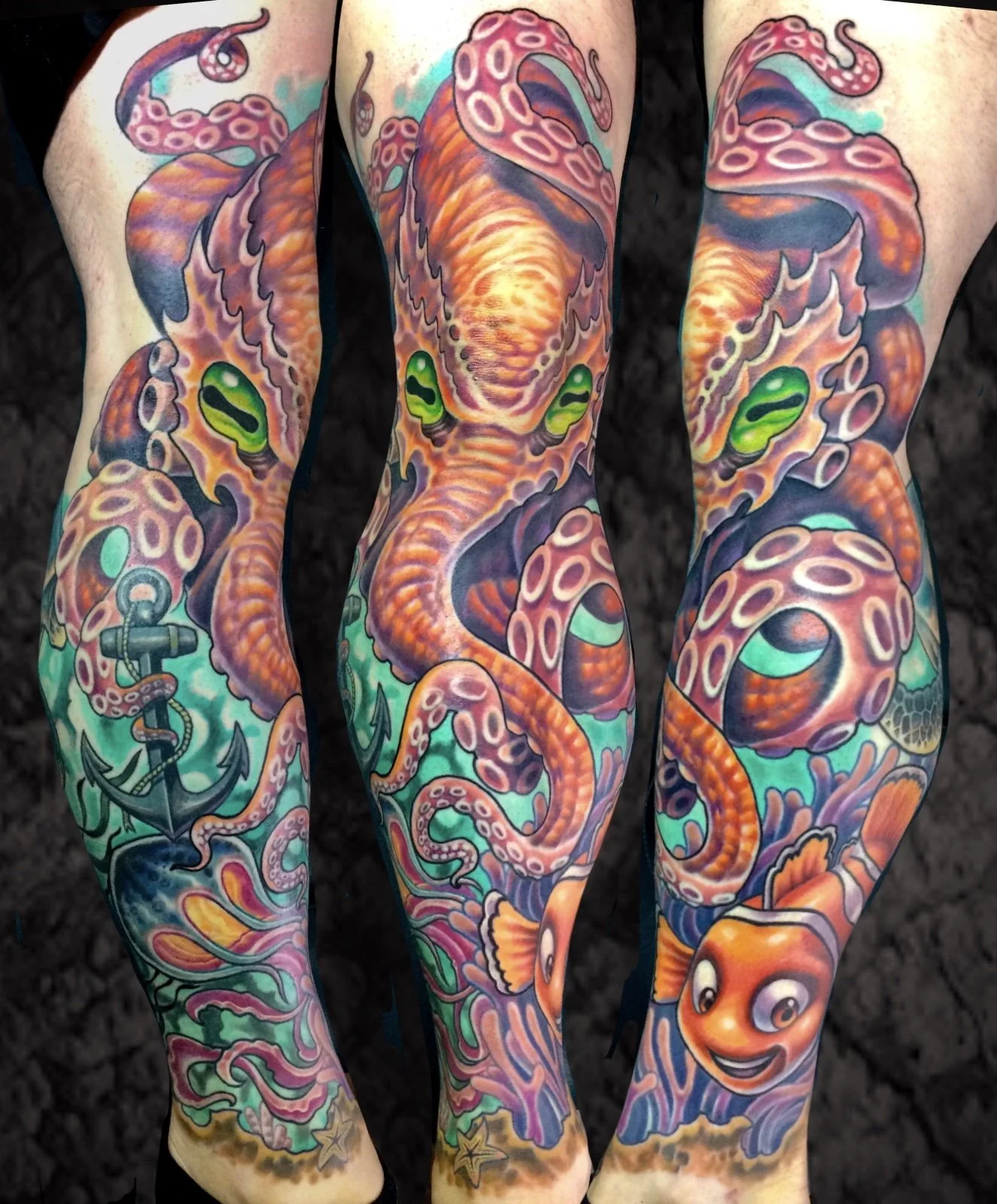 Colorful tattoo sleeves featuring a smiling cartoon octopus with a cheerful face, a large sea snake, and various ocean-themed elements such as an anchor, starfish, and coral, all depicted in vibrant shades of pink, orange, purple, green, and blue.