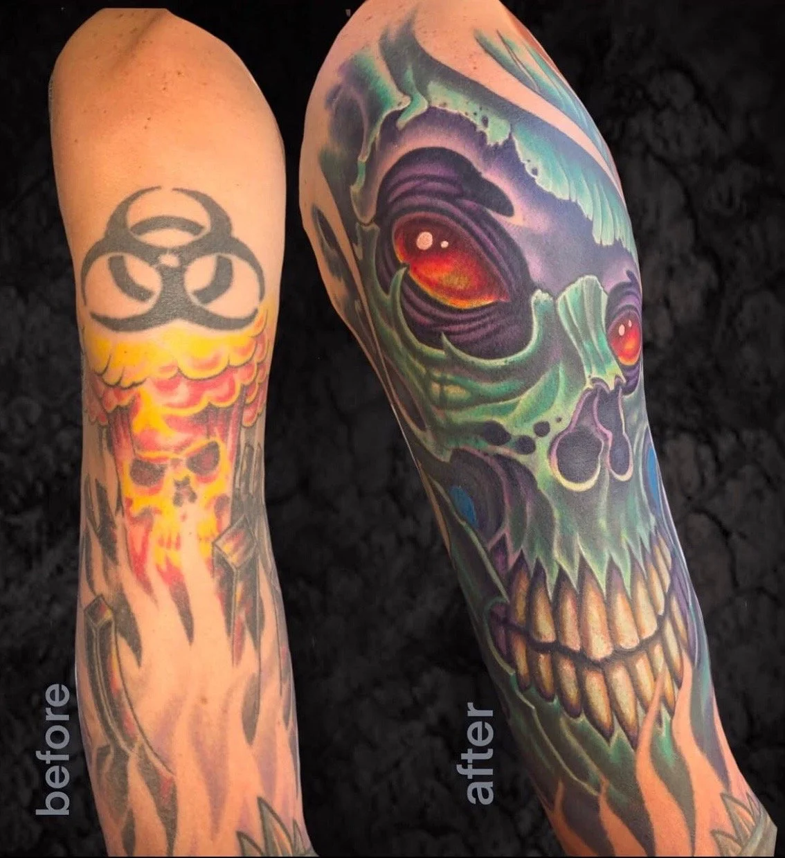 Before and after tattoos showing a sleeve with a colorful skull design replacing a previous tattoo of a biohazard symbol and a flaming skull.