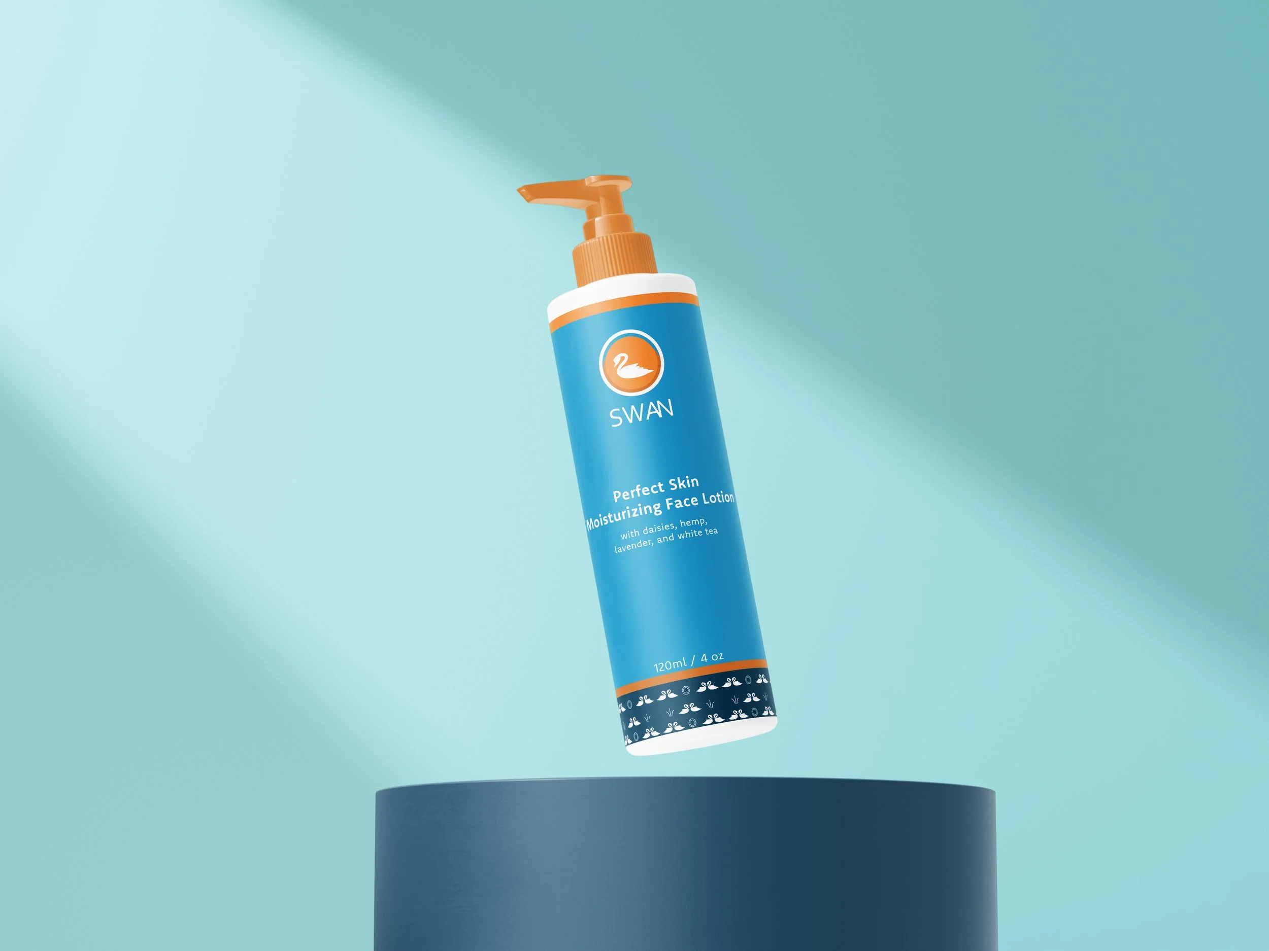 A blue bottle of Swan face lotion with an orange pump dispenser, placed on a black pedestal against a blue background.