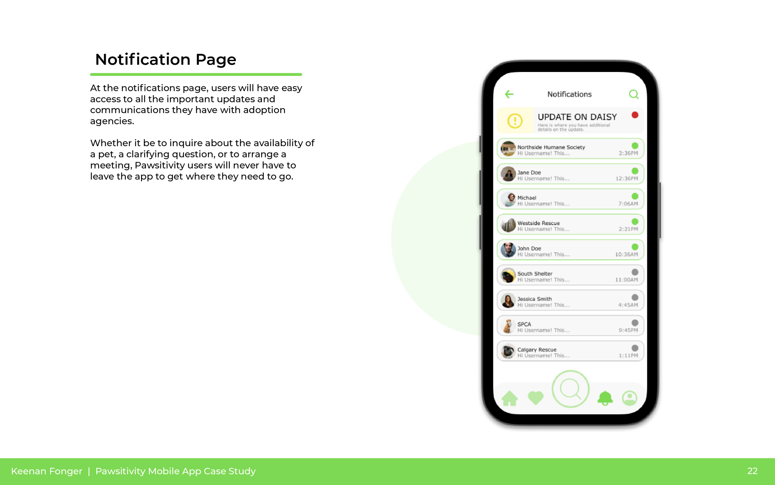 Screenshot of a mobile app showing notifications page with messages from various users and organizations, including time stamps and profile pictures.