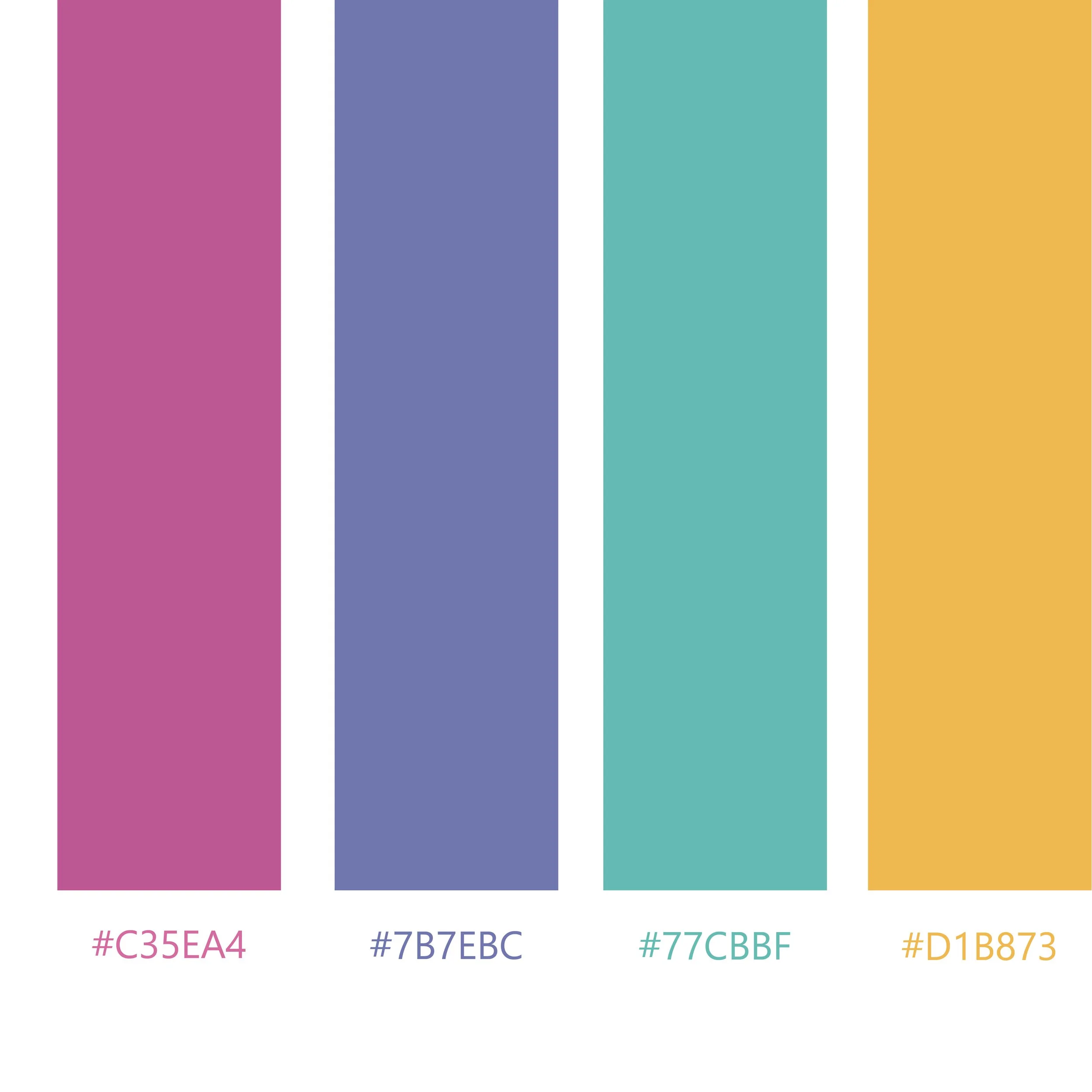 A color palette with four vertical color swatches labeled with their hex color codes: pink (#C35EA4), purple (#7B7EBC), teal (#77CBBF), and yellow (#D1B873).