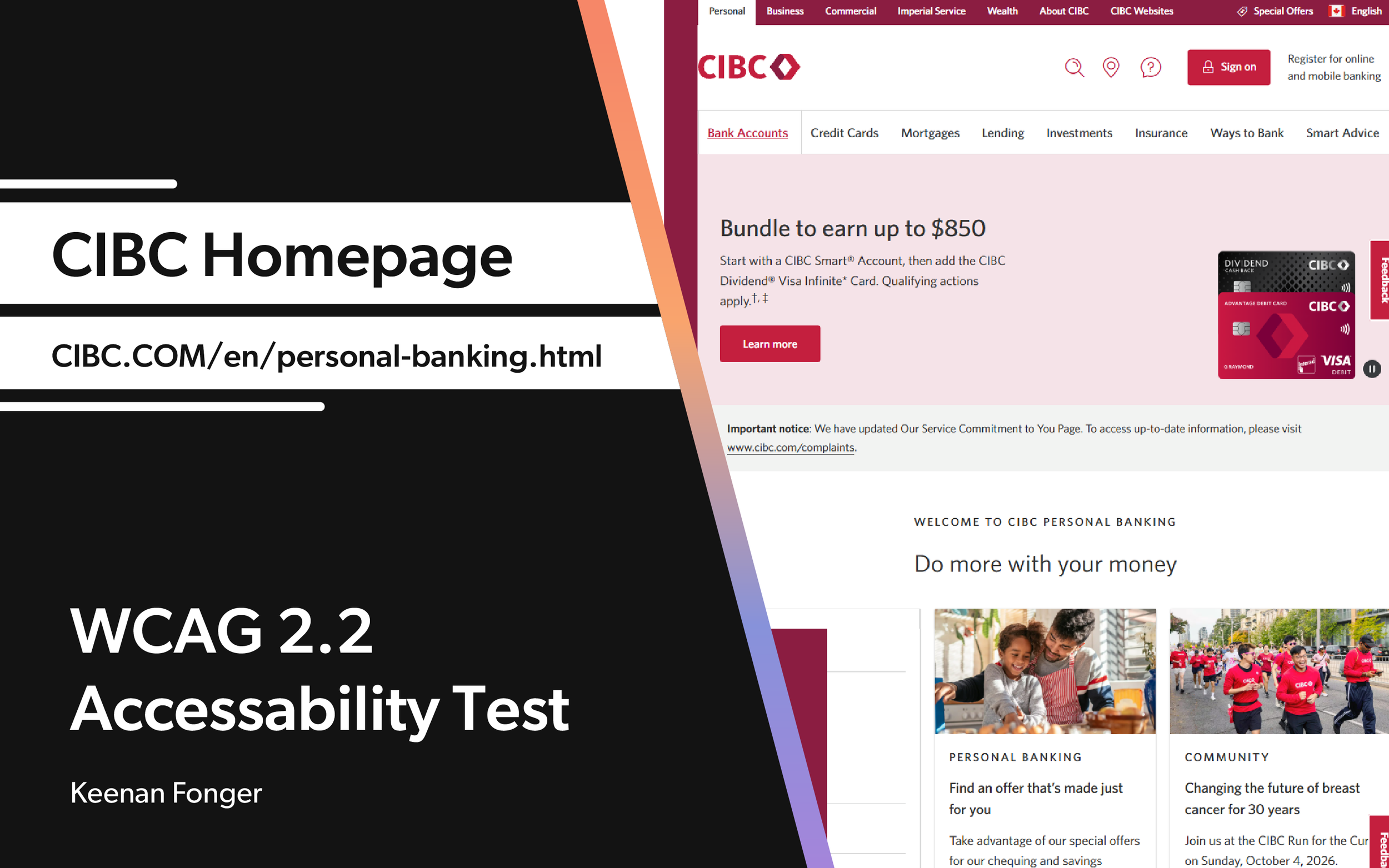 Split screen of two website screenshots: the left shows the CIBC Homepage with large text, web address, and academic test title; the right shows a CIBC banking webpage advertising a bundle offer with credit card images and a banner for community even