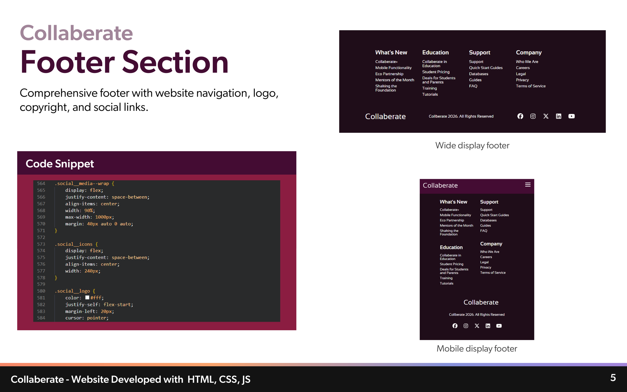 A webpage footer section showing examples of website footer design for desktop and mobile devices, with highlighted styles and code snippets.