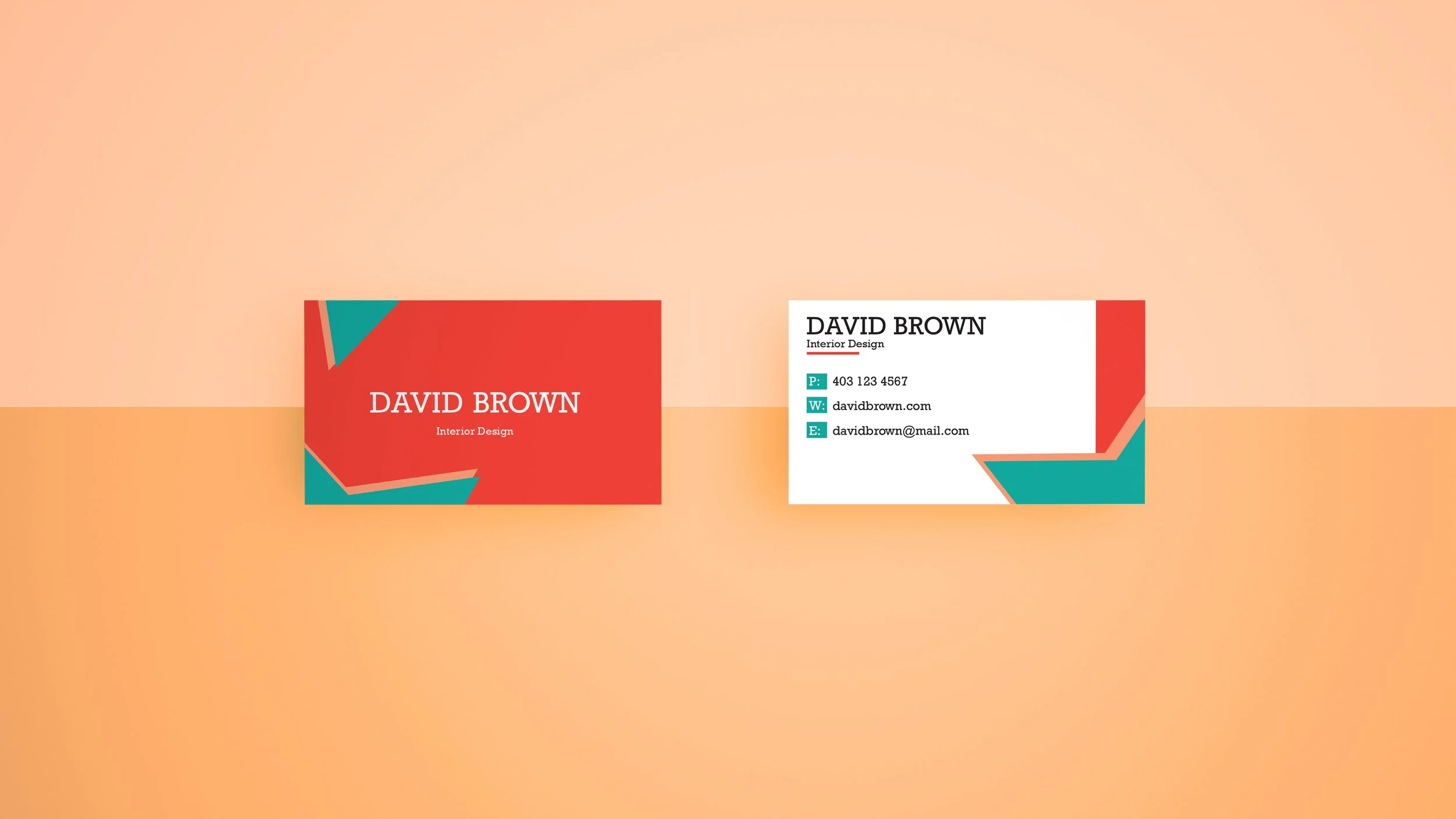 Business cards for David Brown, interior designer, with one card showing a red background with geometric shapes and the other displaying contact information in black and teal with a white background and geometric accents.