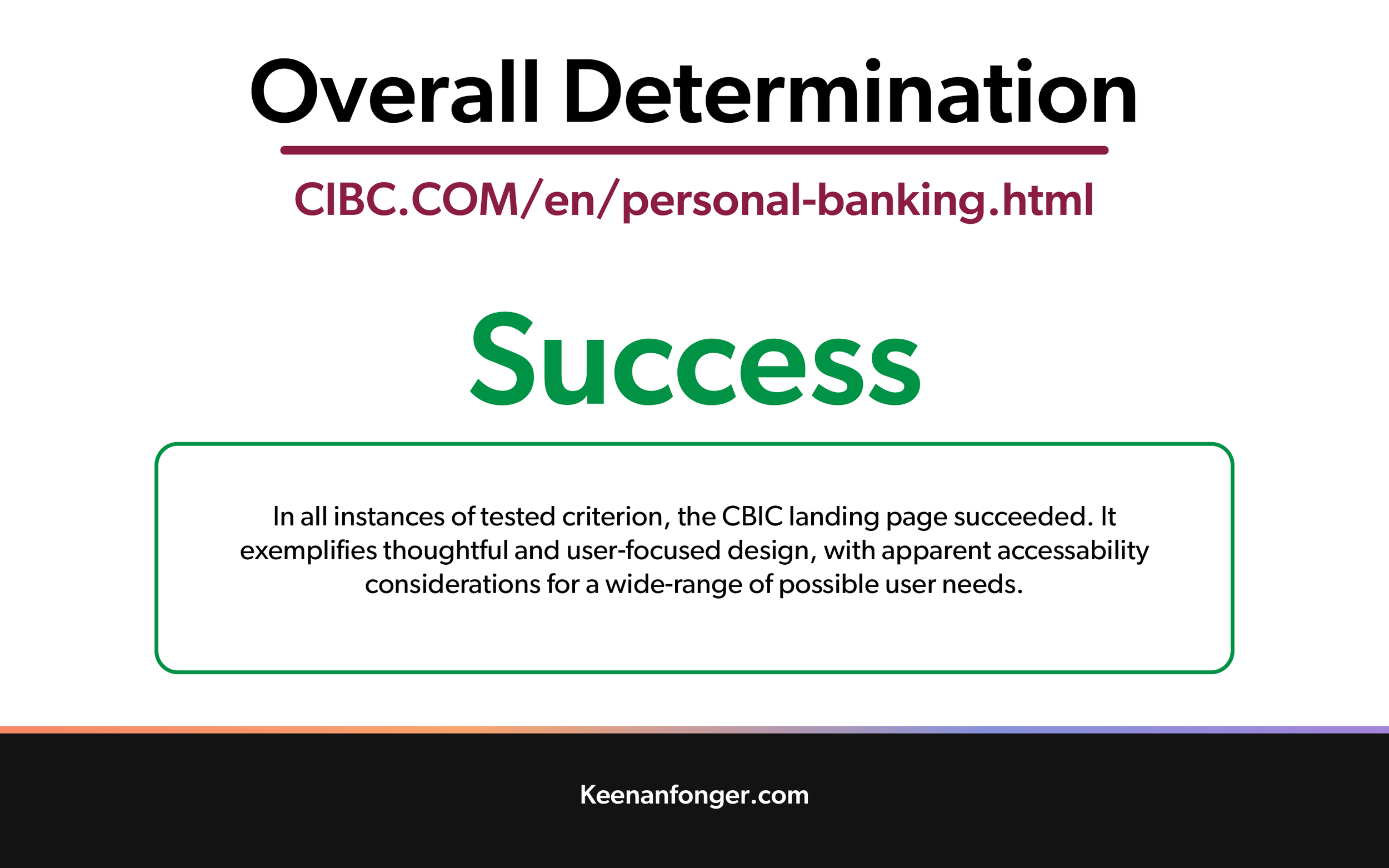 Screenshot of a webpage with the title 'Overall Determination' and a URL to CIBC.com. The word 'Success' is prominently displayed in green. Contains some text about tested criteria and user needs. Footer shows the website 'Keenanfonger.com'.