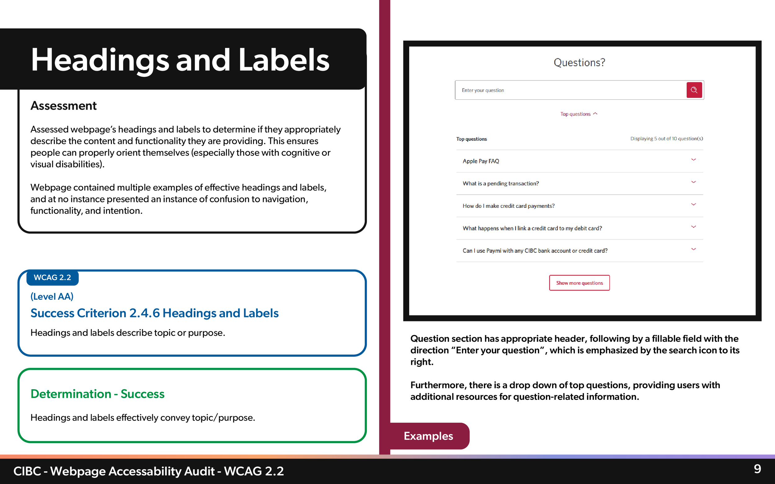 Two pages of a webpage or document discussing headings and labels for accessibility. The left page has sections on assessment criteria and success criteria, with colored boxed headings. The right page shows a question and answer section with a search