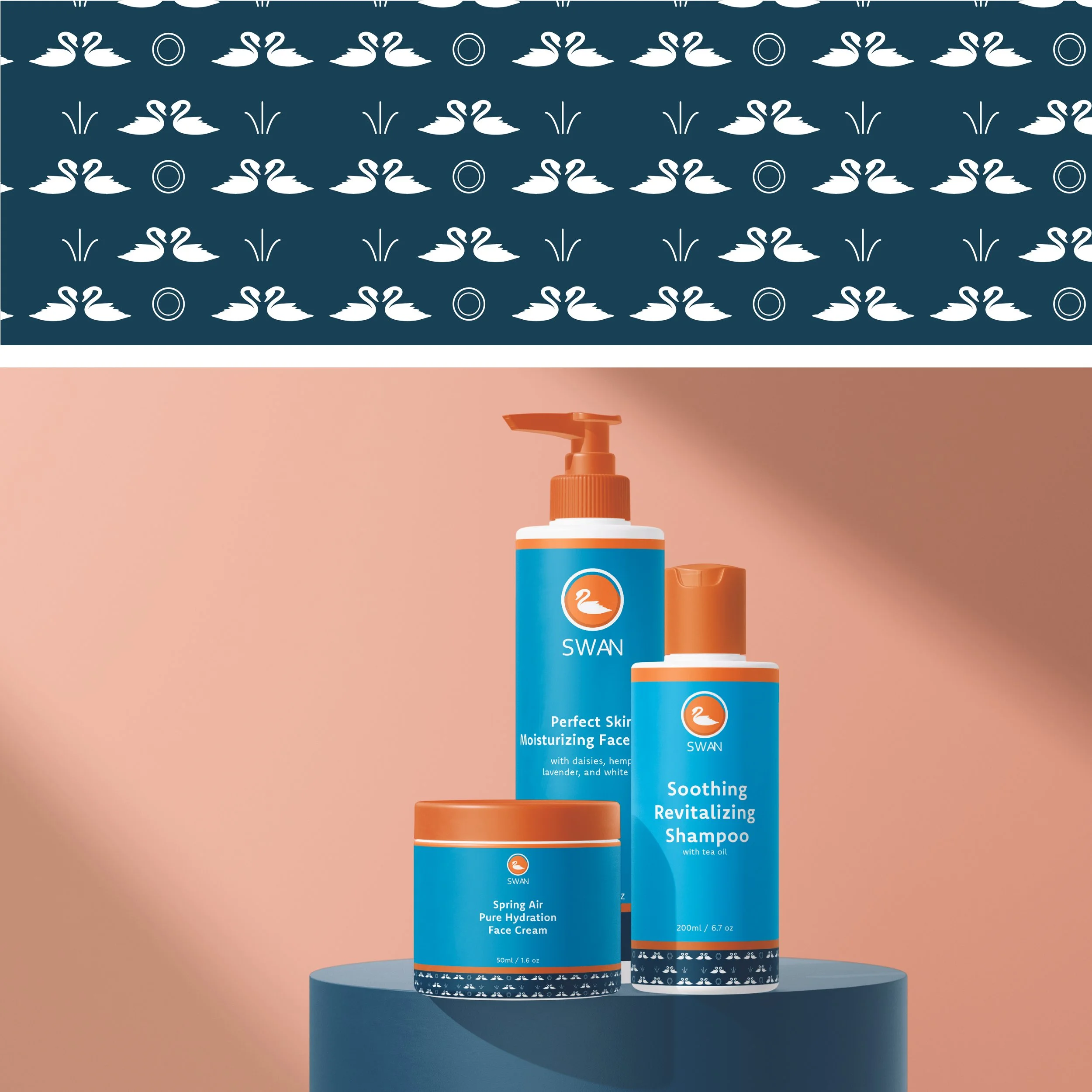 Display of three skincare products from the Swan brand, including face cream, moisturizer, and shampoo, placed on a round blue platform with a patterned backdrop featuring swans and circles.