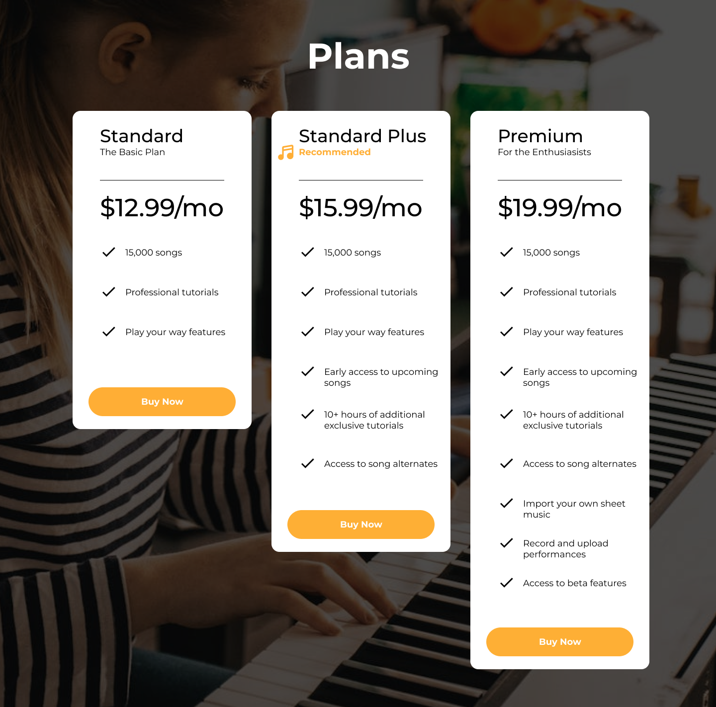 Pricing plans for a music service, including Standard, Standard Plus, and Premium options, with features and prices listed.