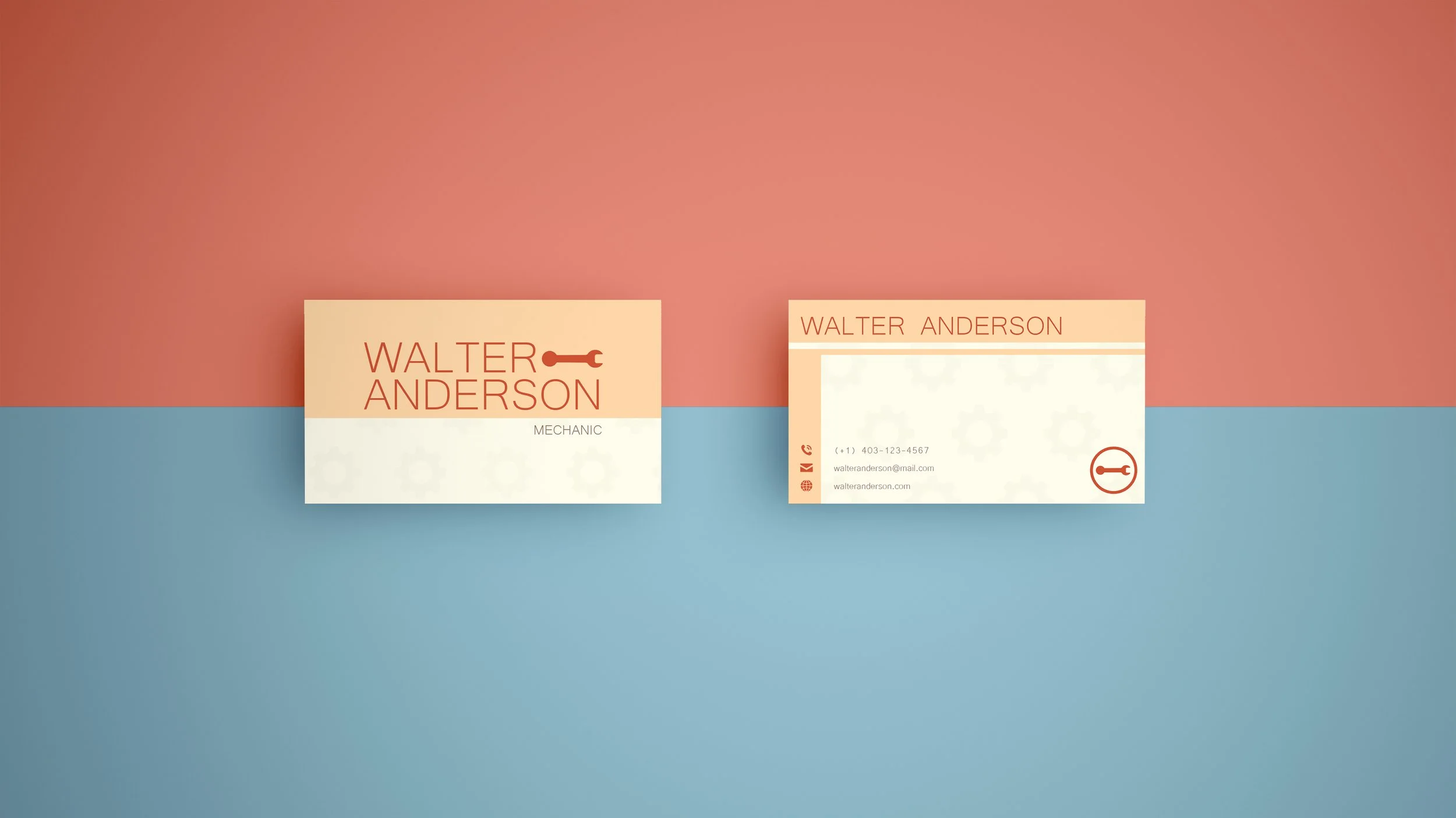 Business cards for Walter Anderson, a mechanic, with a minimalist design featuring a wrench icon, contact details, and a pastel color scheme of peach, cream, and blue.