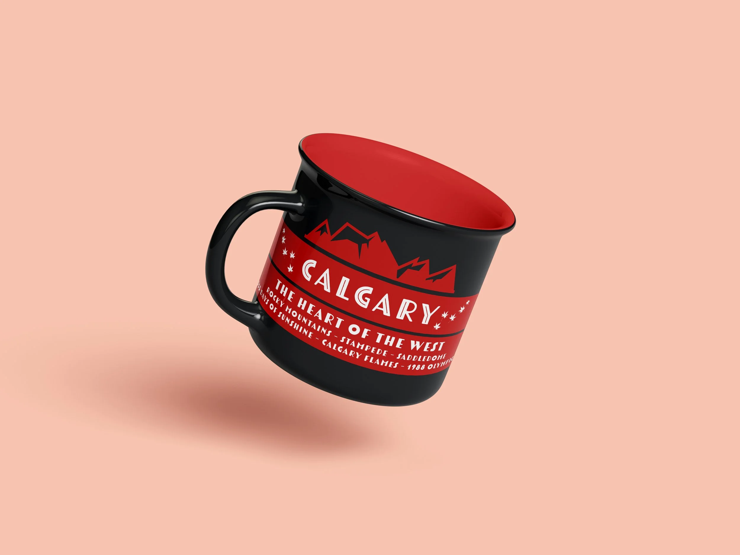 A black and red coffee mug with the name 'Calgary Flames' and a list of related words and phrases on it, set against a light peach background.