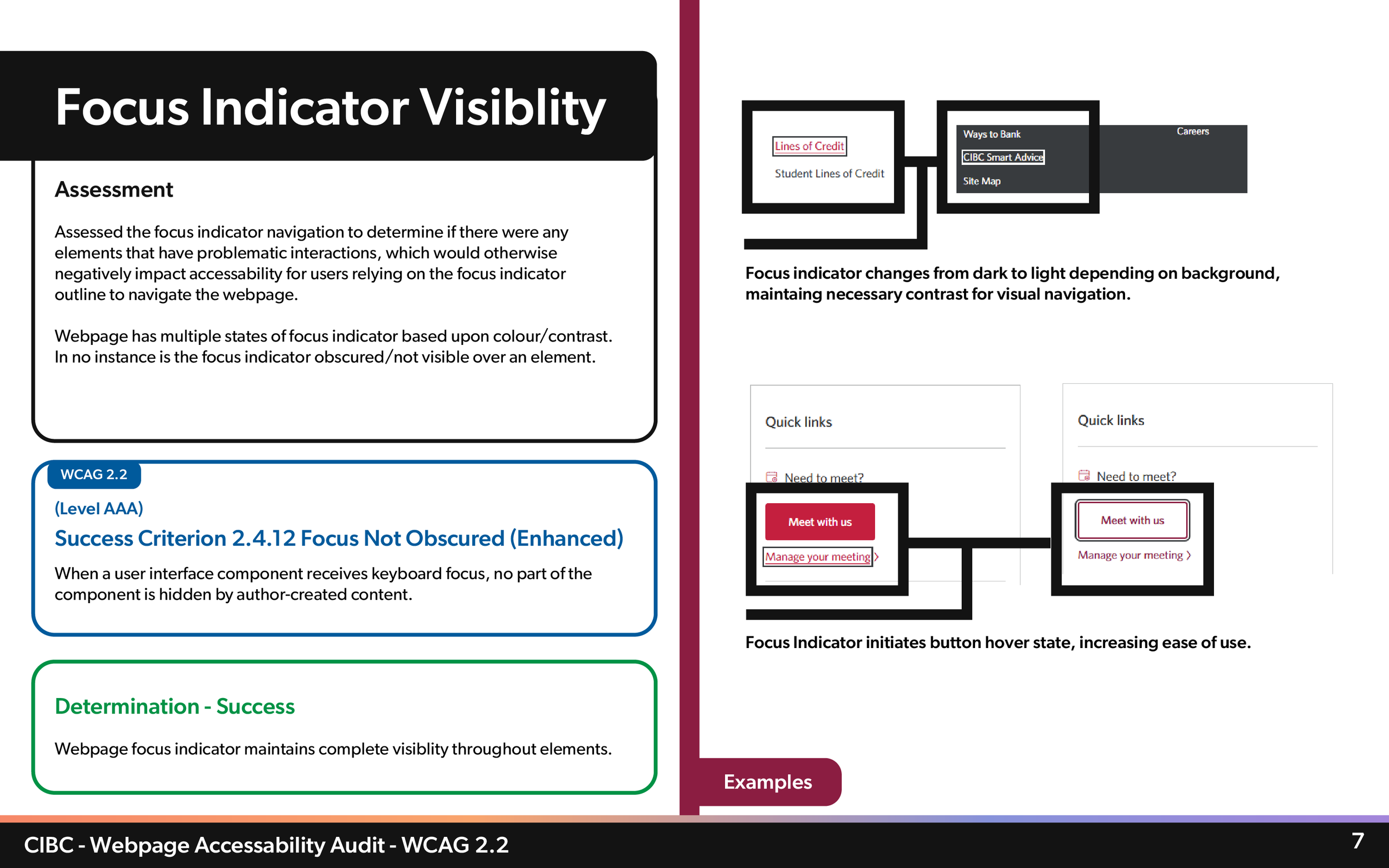 A digital screenshot of a webpage showing a focus indicator visibility guide with sections about assessment, success criteria, examples, and accessibility features, including buttons labeled "Meet with us" and "Manage your meeting."