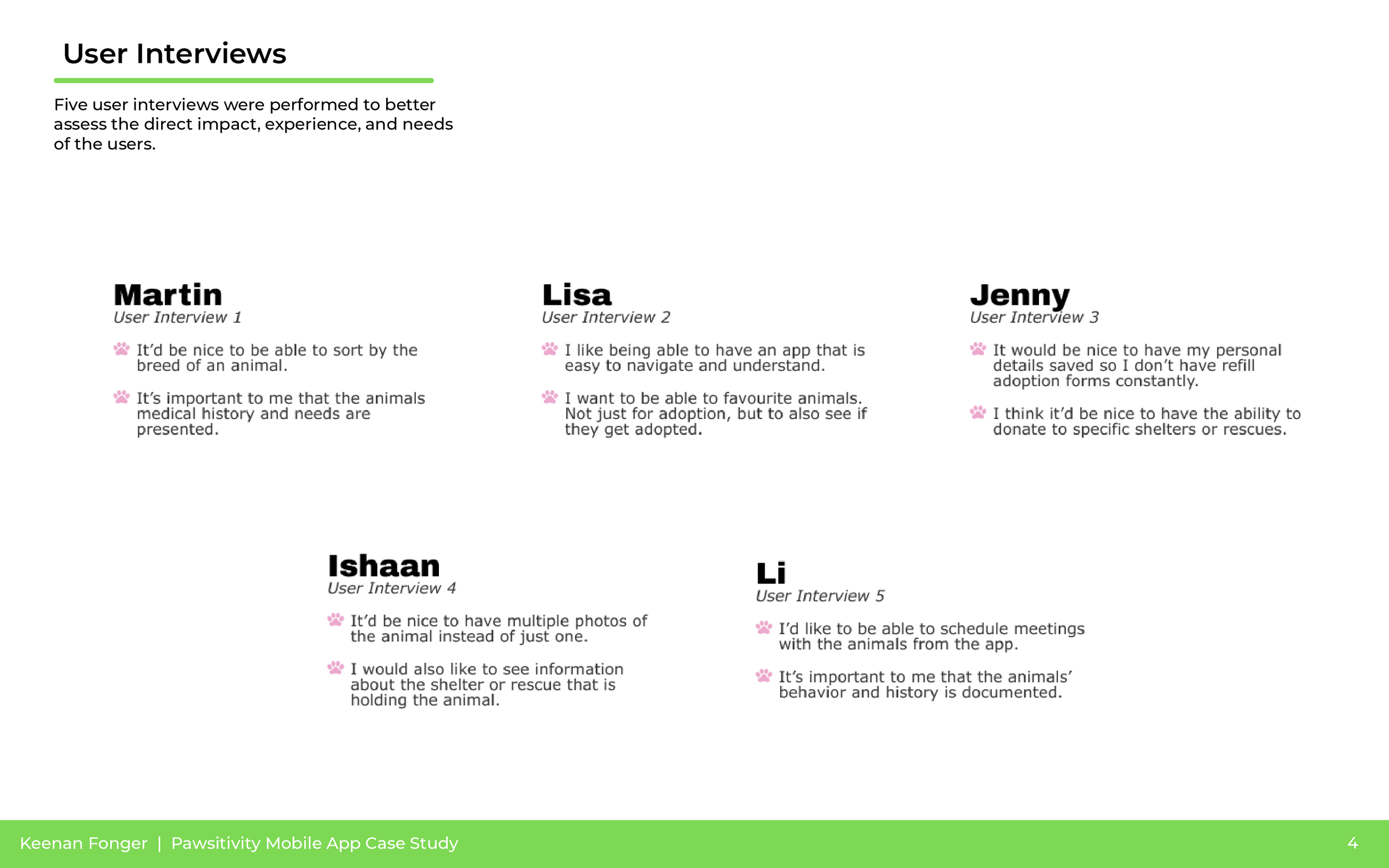 A presentation slide titled 'User Interviews' with quotes from five users on animal adoption and care, and a green footer with the title 'Keenan Fonger | Pawsitivity Mobile App Case Study'.