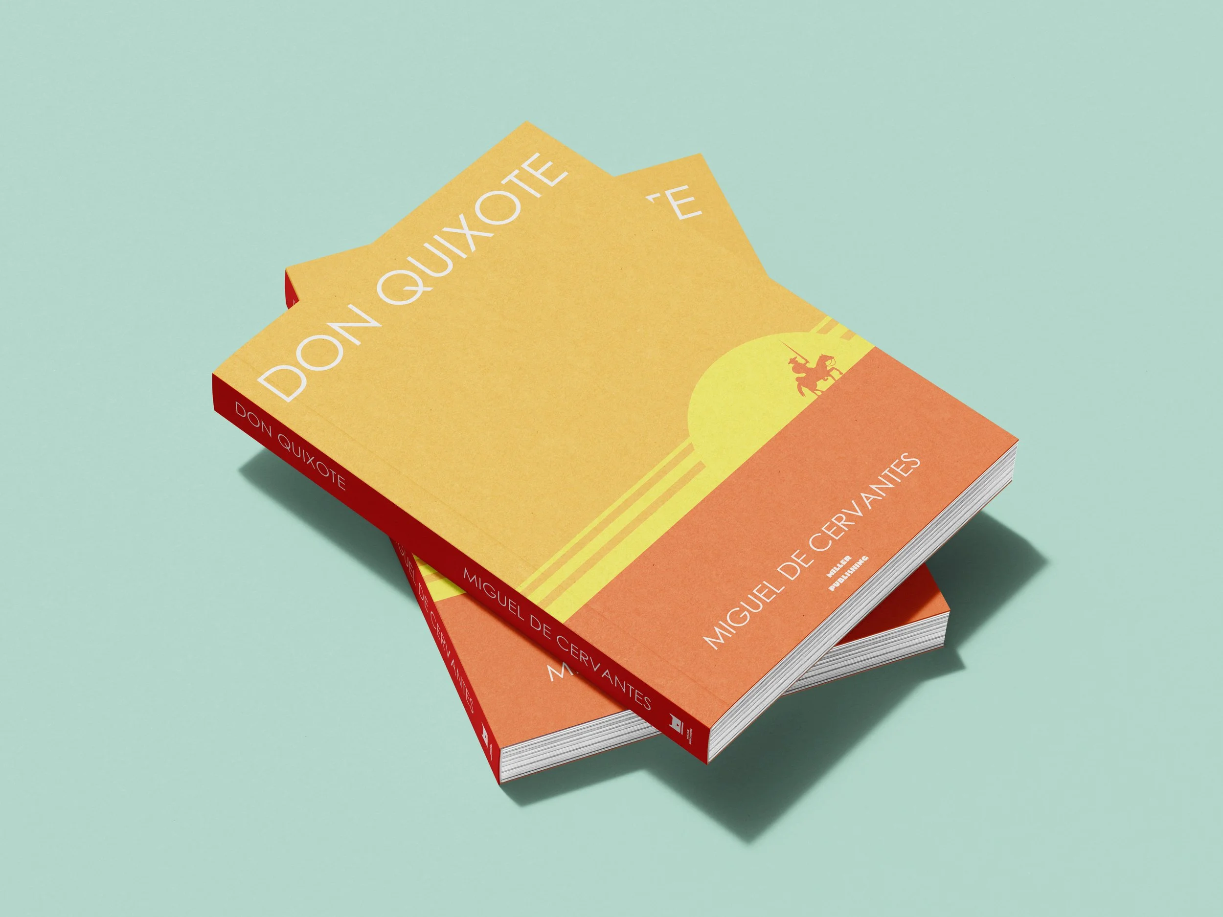 A stack of two books titled "MIGUEL DE CERVANTES" with the subtitle "DE CERVANTES." The covers are in yellow and orange shades, with a small illustration of a knight on horseback, against a pastel teal background.